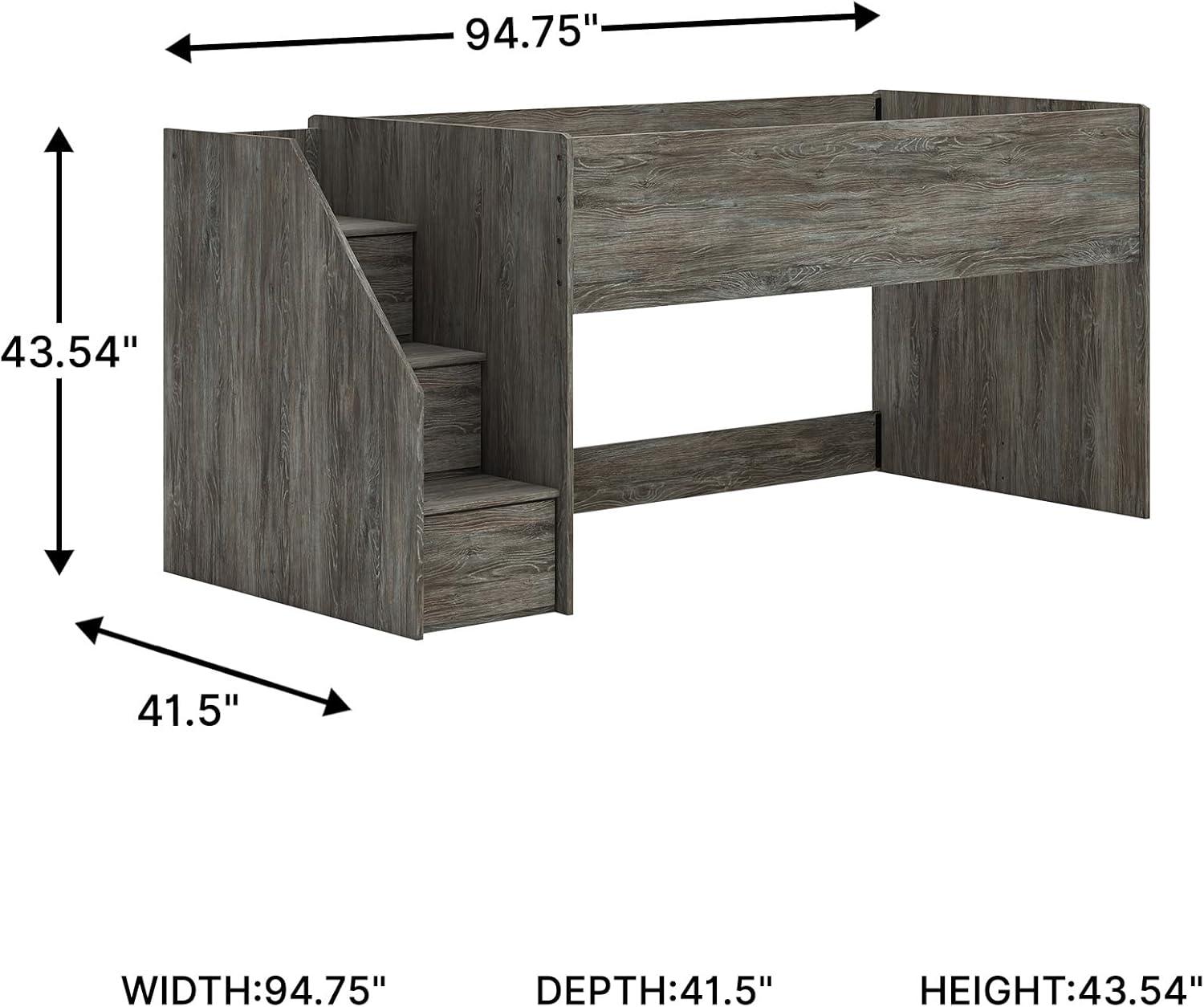 imageSignature Design by Ashley Franden Twin Loft Bed SpaceSaving Storage Steps Rustic Warm Gray Finish Casual Industrial Style for Kids and Teens Bedrooms
