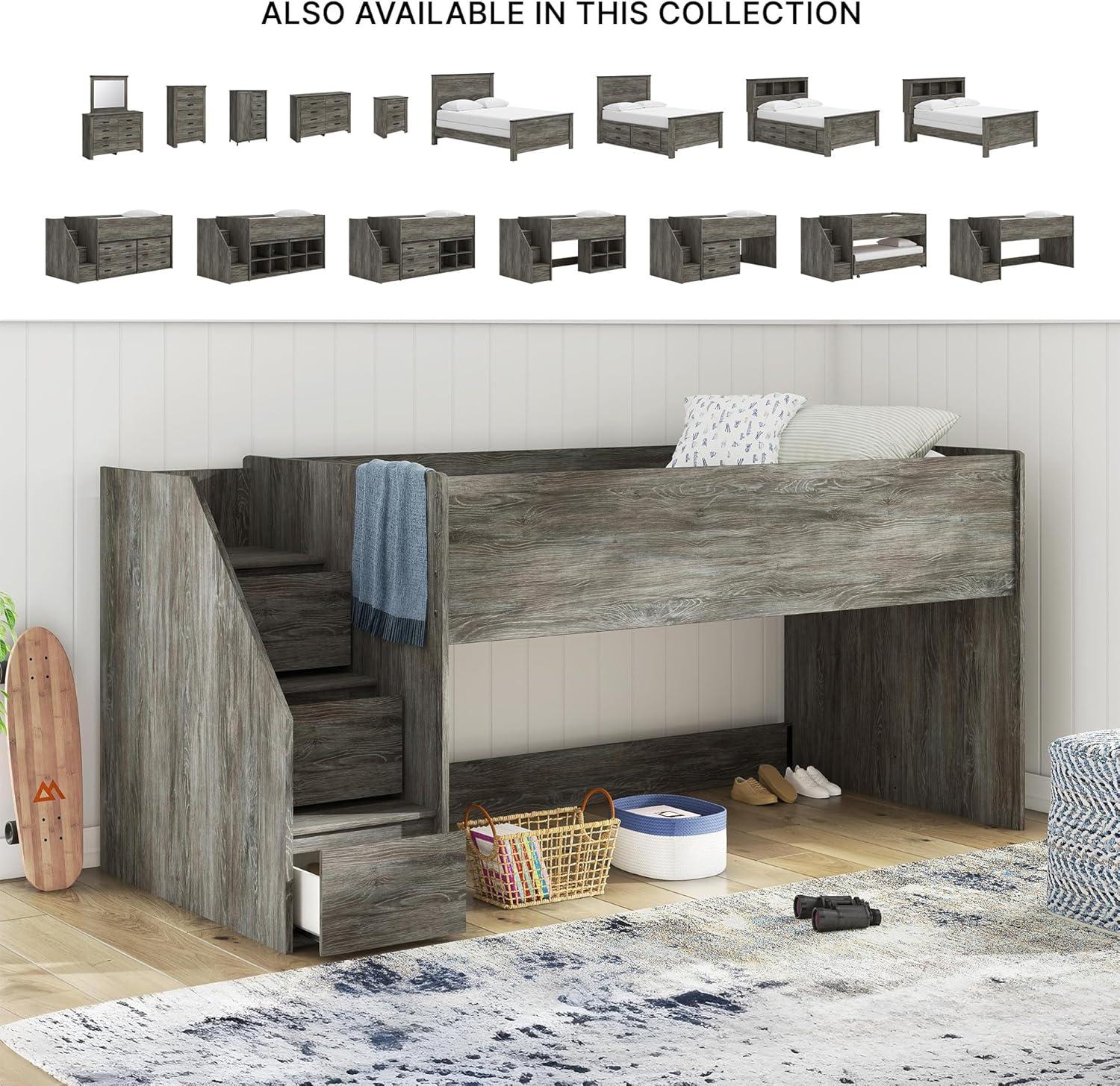 imageSignature Design by Ashley Franden Twin Loft Bed SpaceSaving Storage Steps Rustic Warm Gray Finish Casual Industrial Style for Kids and Teens Bedrooms