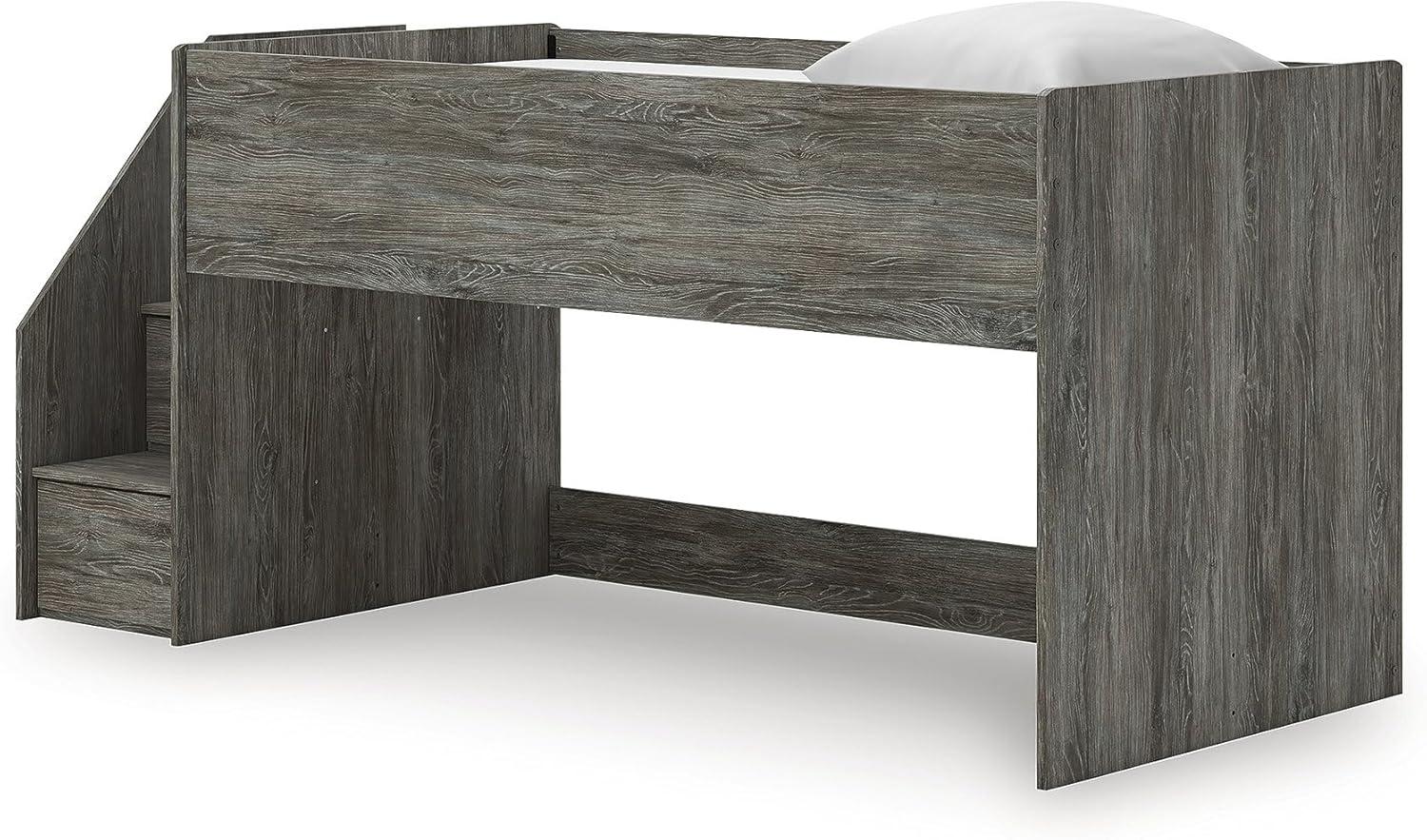 imageSignature Design by Ashley Franden Twin Loft Bed SpaceSaving Storage Steps Rustic Warm Gray Finish Casual Industrial Style for Kids and Teens Bedrooms