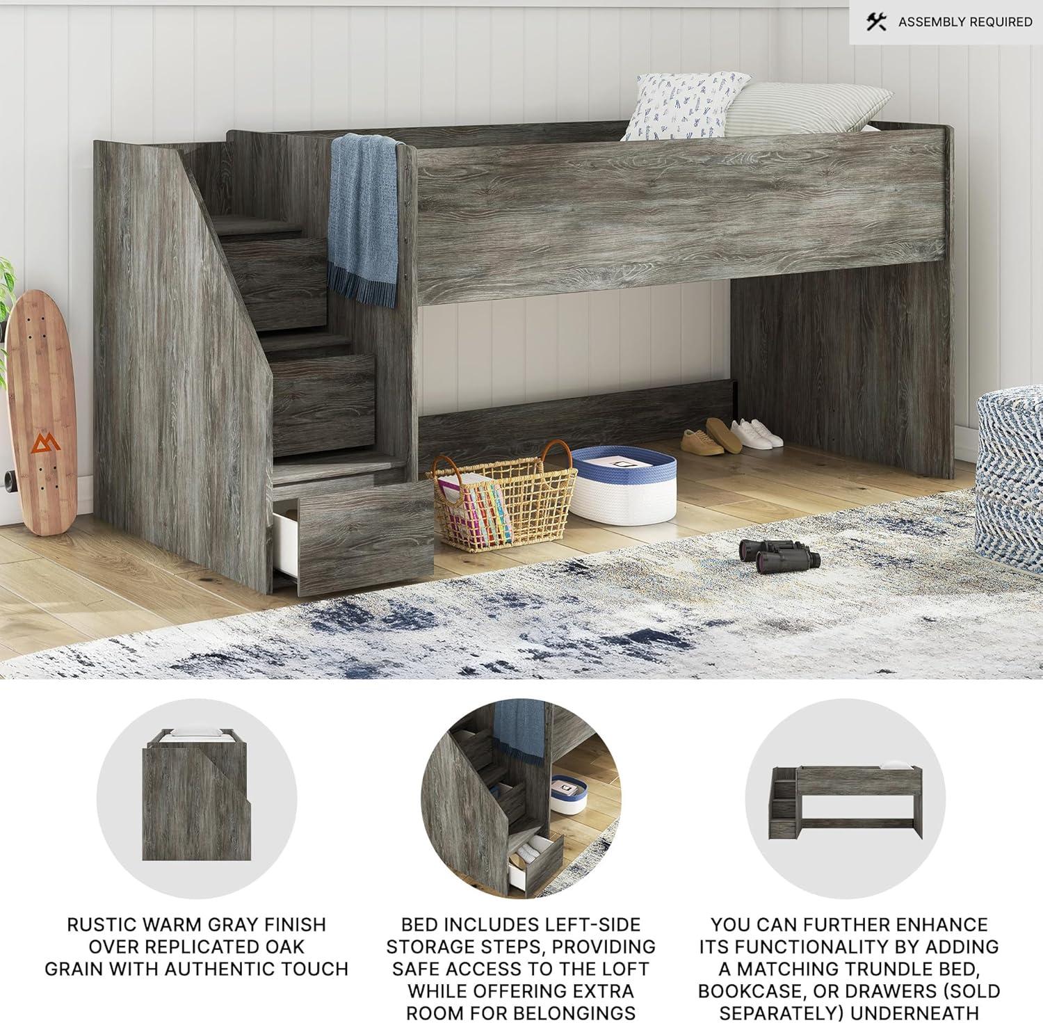 imageSignature Design by Ashley Franden Twin Loft Bed SpaceSaving Storage Steps Rustic Warm Gray Finish Casual Industrial Style for Kids and Teens Bedrooms