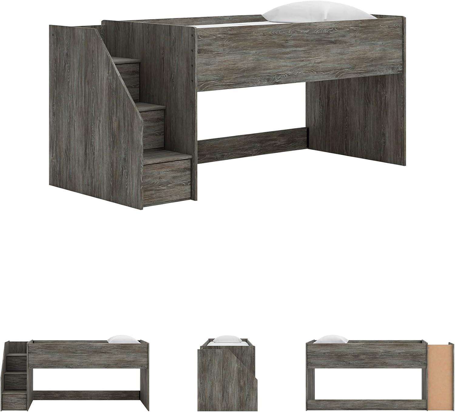 imageSignature Design by Ashley Franden Twin Loft Bed SpaceSaving Storage Steps Rustic Warm Gray Finish Casual Industrial Style for Kids and Teens Bedrooms