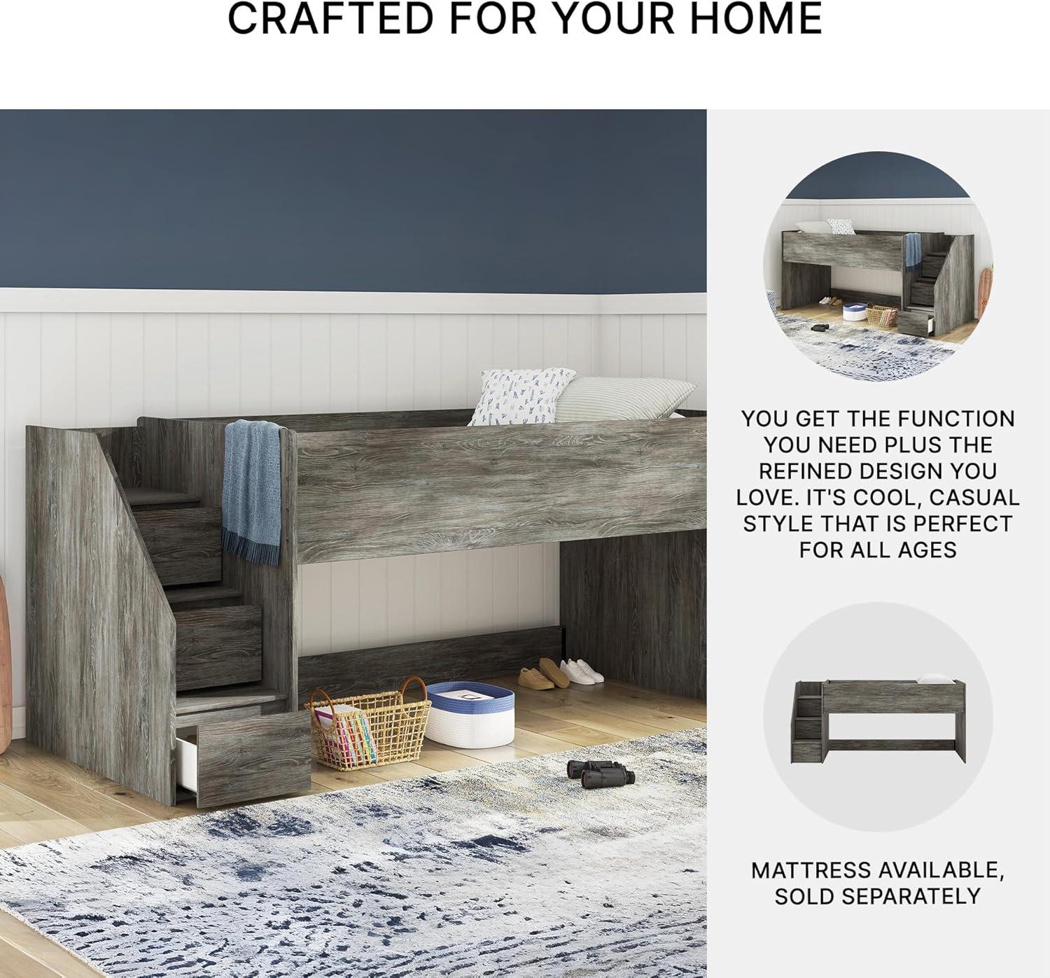 imageSignature Design by Ashley Franden Twin Loft Bed SpaceSaving Storage Steps Rustic Warm Gray Finish Casual Industrial Style for Kids and Teens Bedrooms