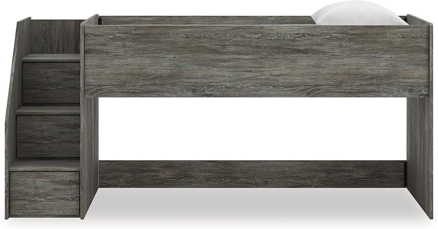imageSignature Design by Ashley Franden Twin Loft Bed SpaceSaving Storage Steps Rustic Warm Gray Finish Casual Industrial Style for Kids and Teens Bedrooms