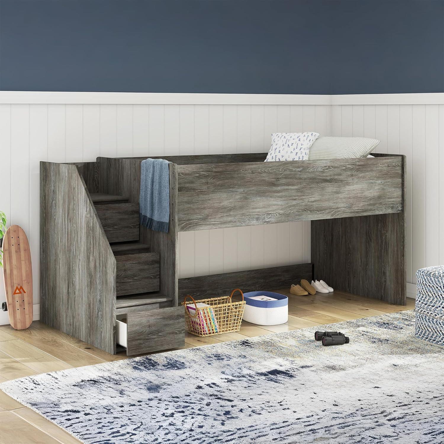 imageSignature Design by Ashley Franden Twin Loft Bed SpaceSaving Storage Steps Rustic Warm Gray Finish Casual Industrial Style for Kids and Teens Bedrooms