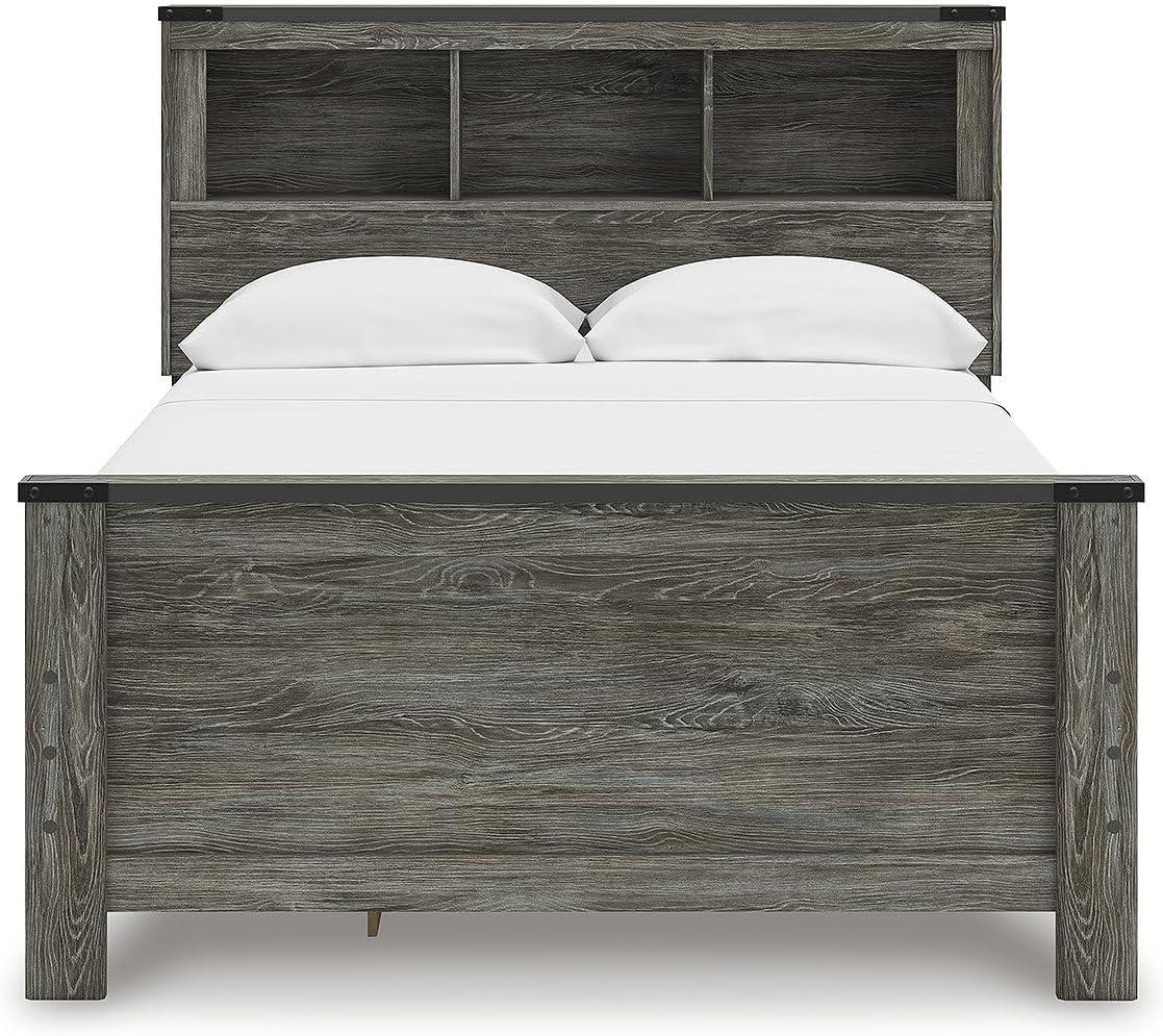 imageSignature Design by Ashley Frandern Full Bed Frame with Headboard and Storage Platform Bookcase Panel Bed with 2 Drawers Wood Look Rustic Warm Gray