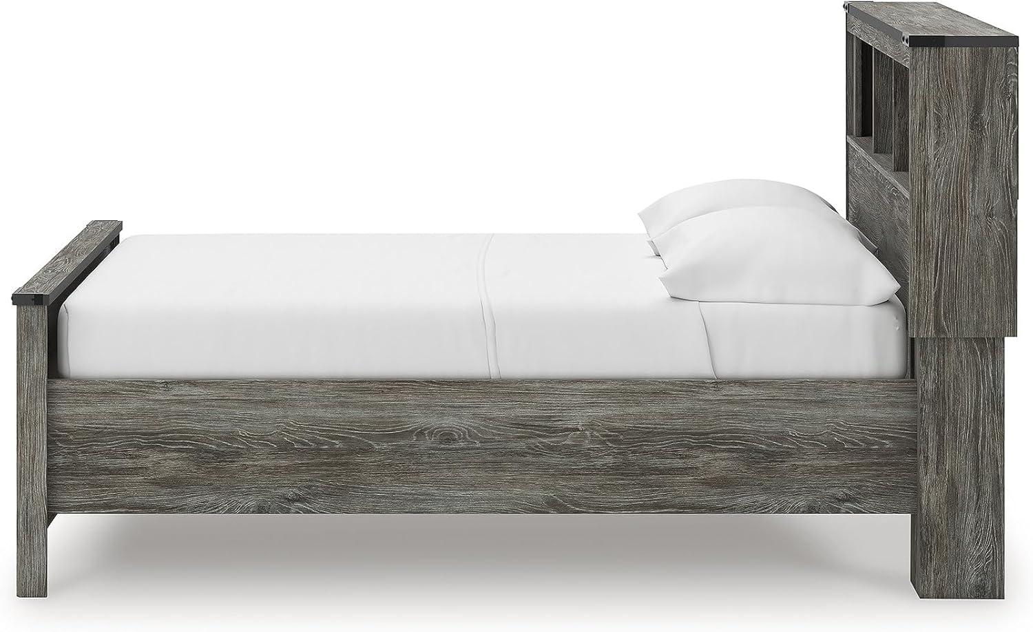 imageSignature Design by Ashley Frandern Full Bed Frame with Headboard and Storage Platform Bookcase Panel Bed with 2 Drawers Wood Look Rustic Warm Gray