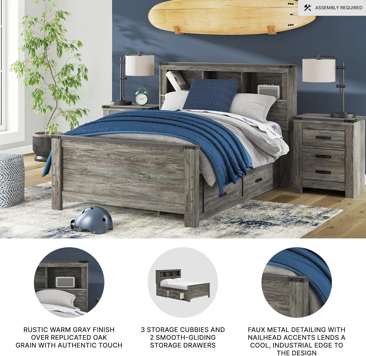 imageSignature Design by Ashley Frandern Full Bed Frame with Headboard and Storage Platform Bookcase Panel Bed with 2 Drawers Wood Look Rustic Warm Gray