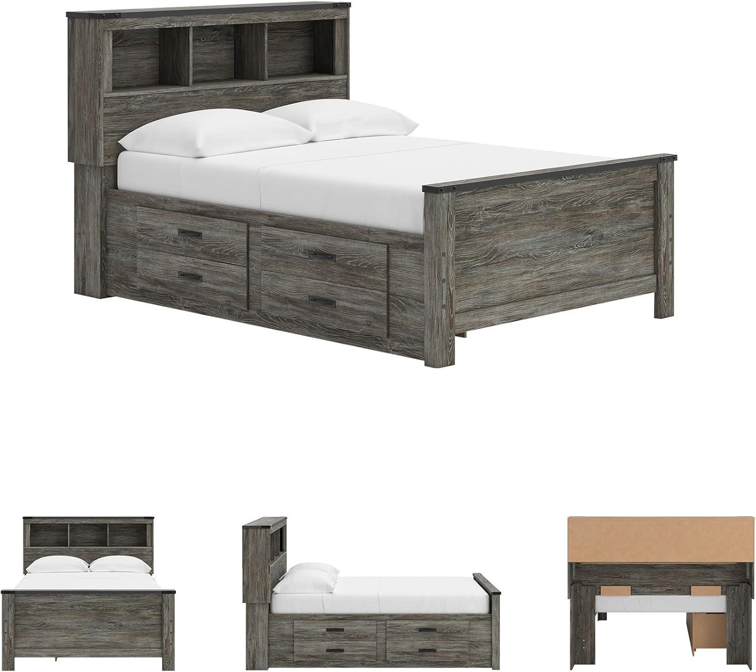 imageSignature Design by Ashley Frandern Full Bed Frame with Headboard and Storage Platform Bookcase Panel Bed with 2 Drawers Wood Look Rustic Warm Gray