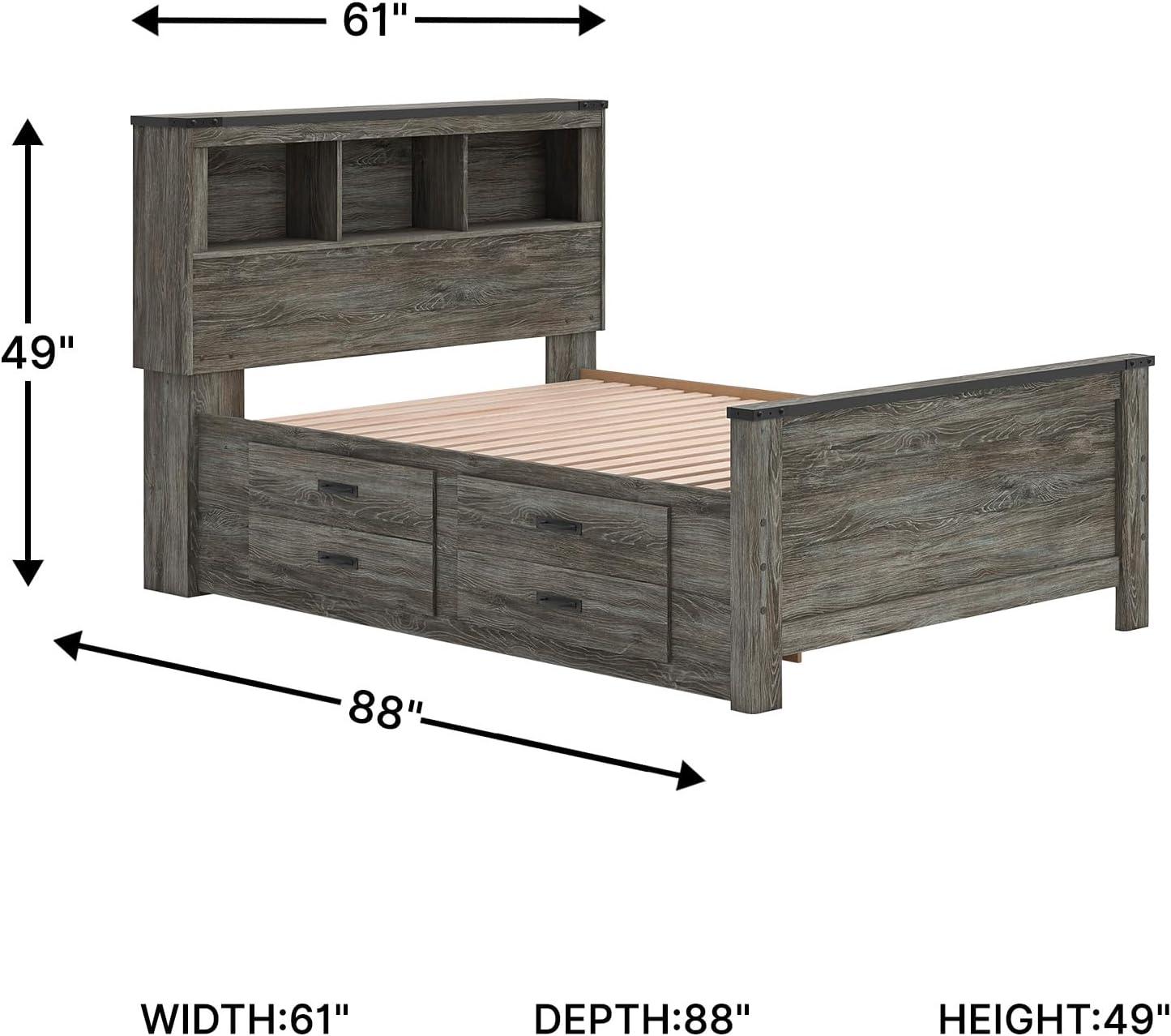 imageSignature Design by Ashley Frandern Full Bed Frame with Headboard and Storage Platform Bookcase Panel Bed with 2 Drawers Wood Look Rustic Warm Gray