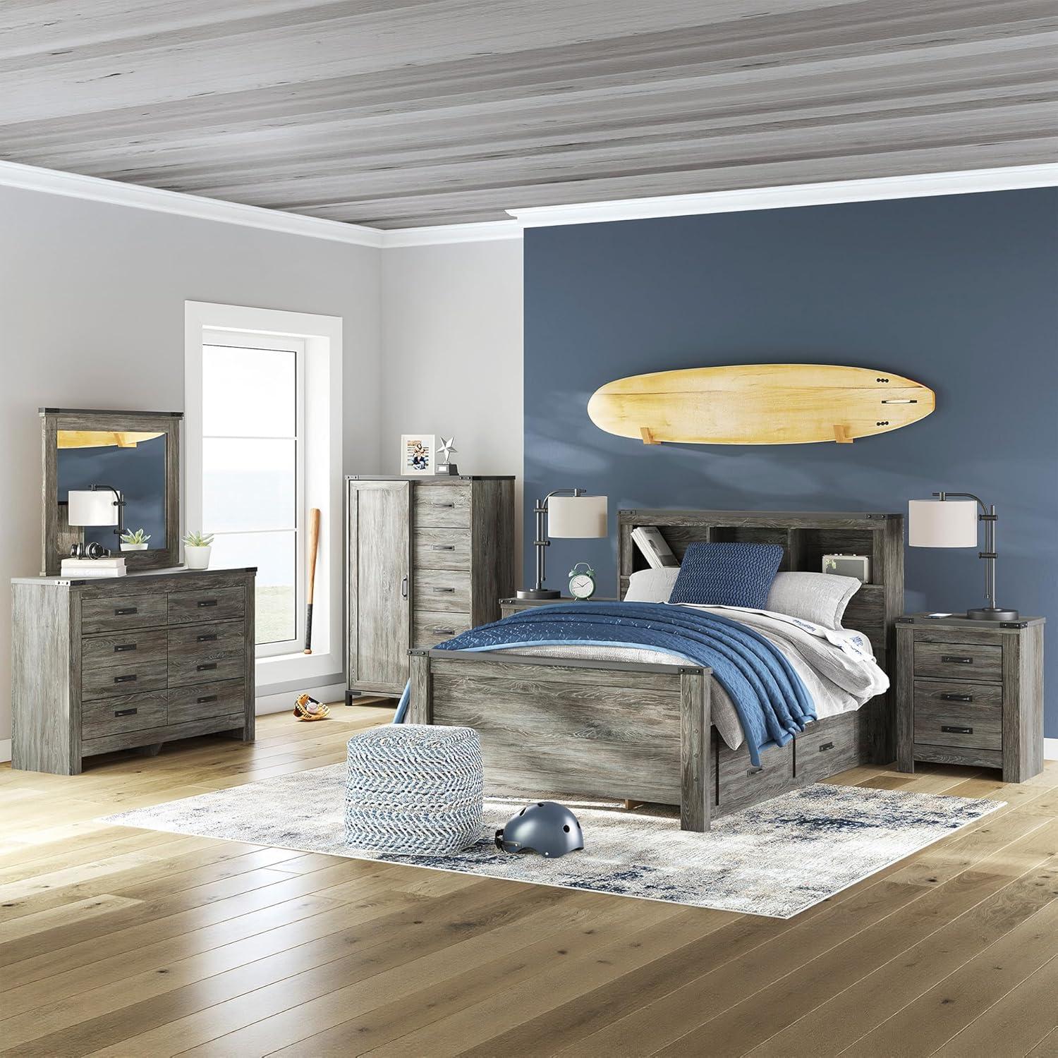 imageSignature Design by Ashley Frandern Full Bed Frame with Headboard and Storage Platform Bookcase Panel Bed with 2 Drawers Wood Look Rustic Warm Gray