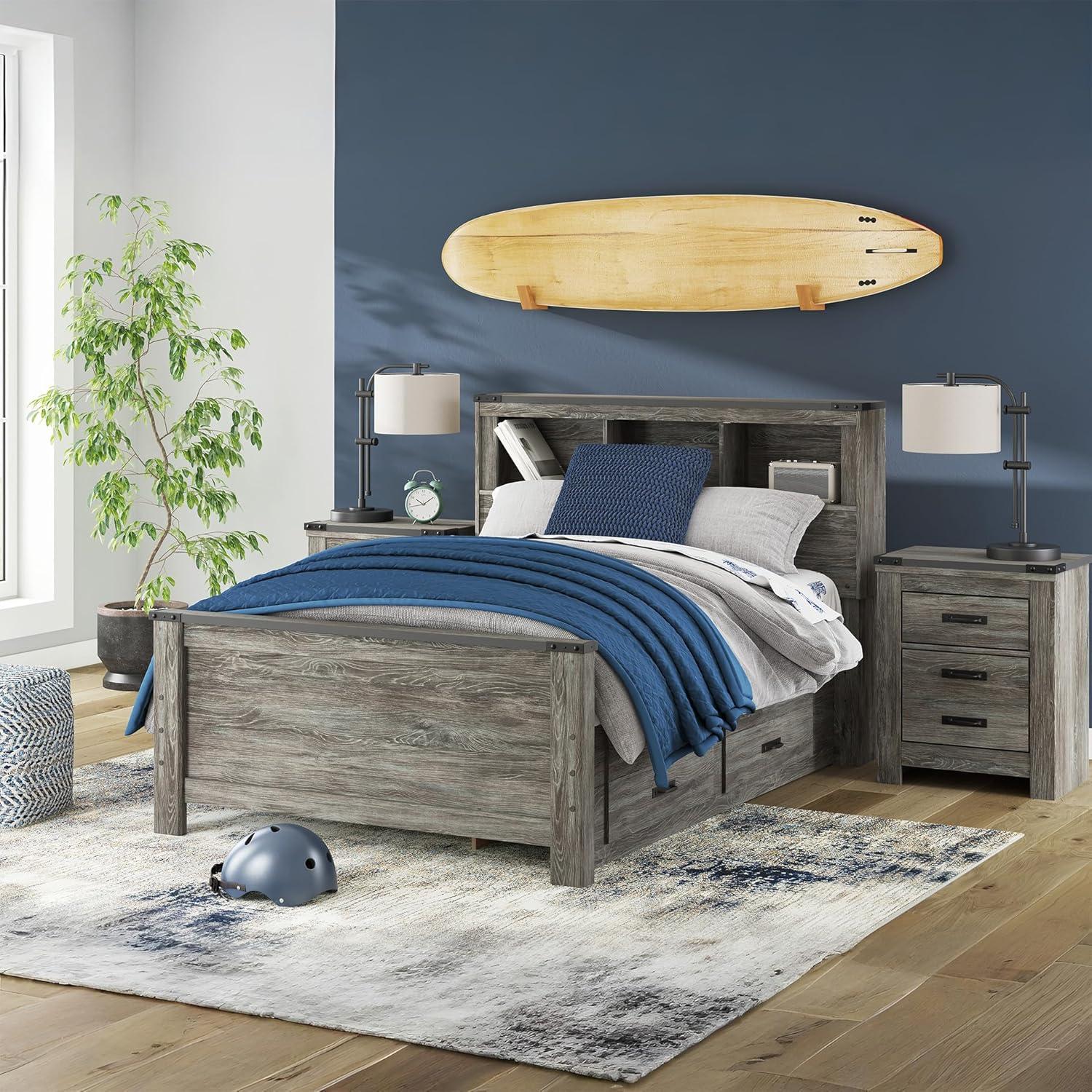 imageSignature Design by Ashley Frandern Full Bed Frame with Headboard and Storage Platform Bookcase Panel Bed with 2 Drawers Wood Look Rustic Warm Gray