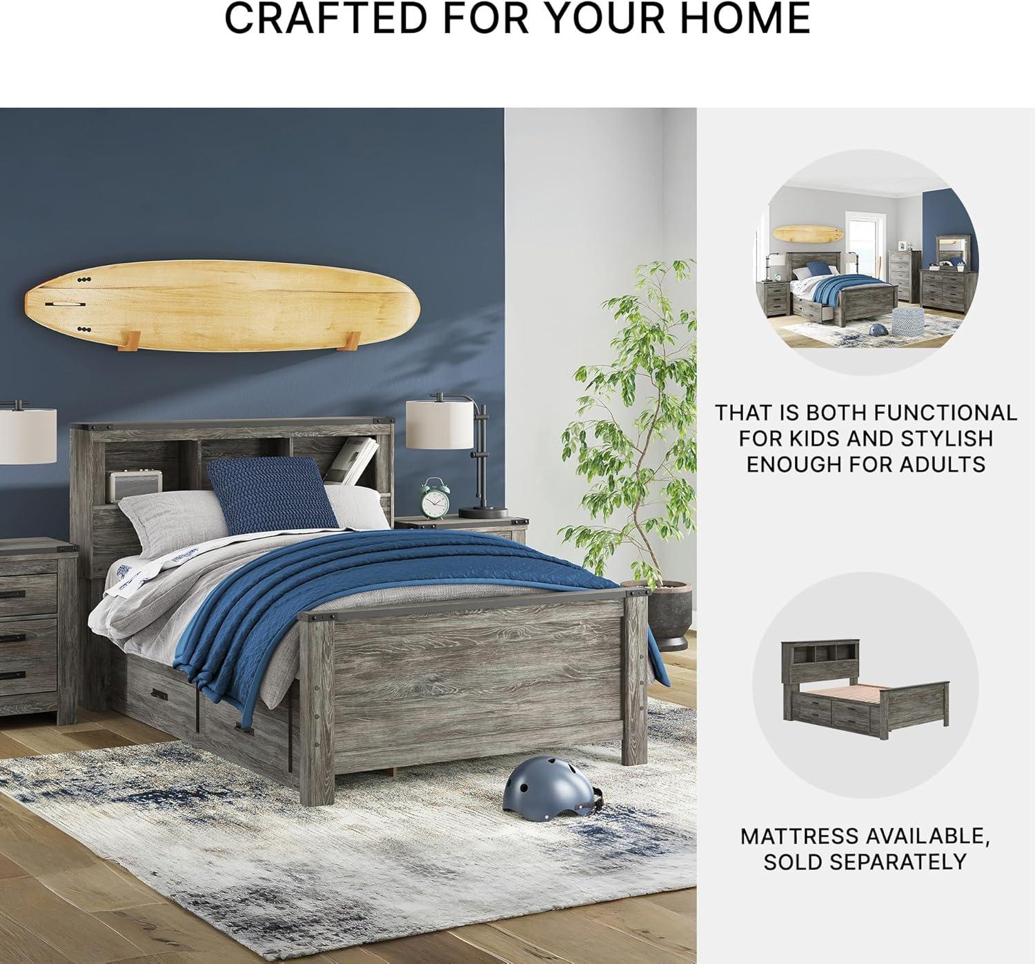 imageSignature Design by Ashley Frandern Full Bed Frame with Headboard and Storage Platform Bookcase Panel Bed with 2 Drawers Wood Look Rustic Warm Gray