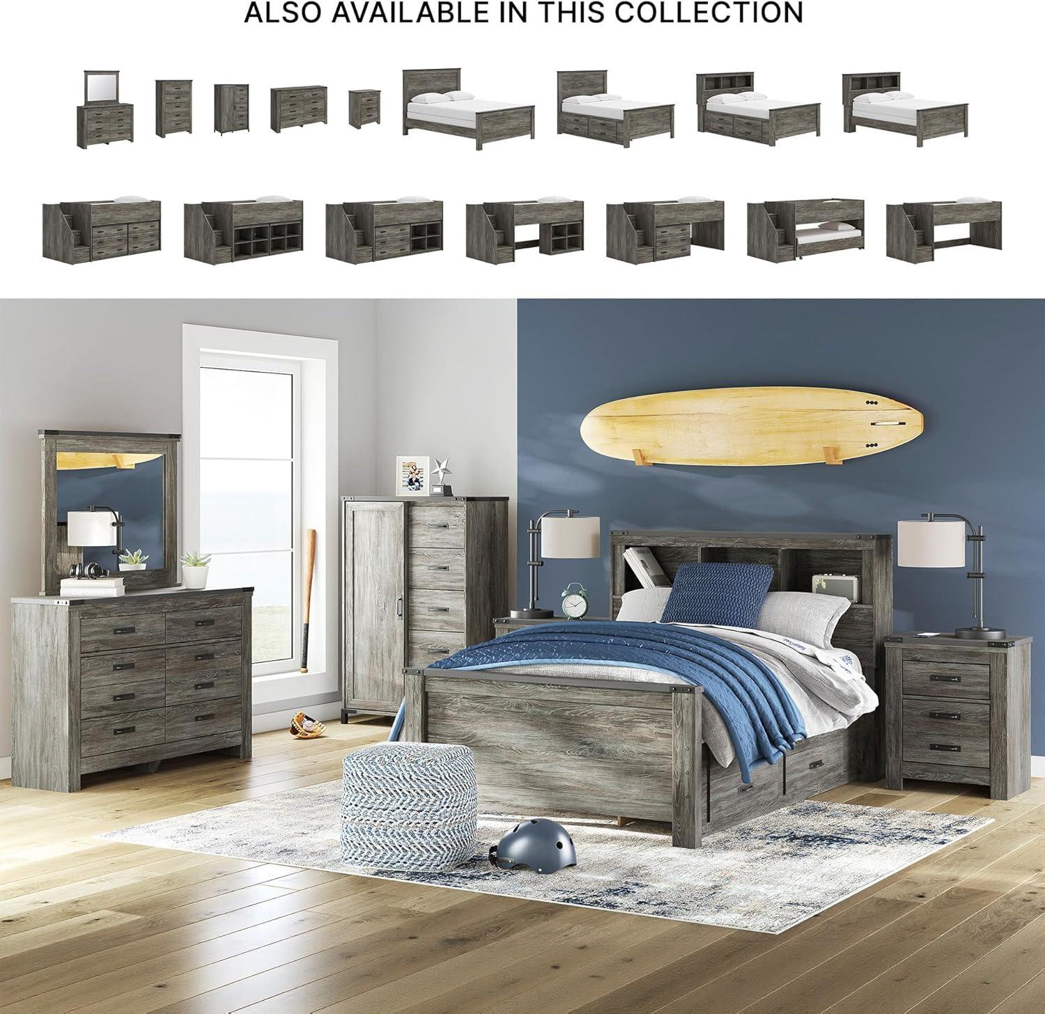 imageSignature Design by Ashley Frandern Full Bed Frame with Headboard and Storage Platform Bookcase Panel Bed with 2 Drawers Wood Look Rustic Warm Gray