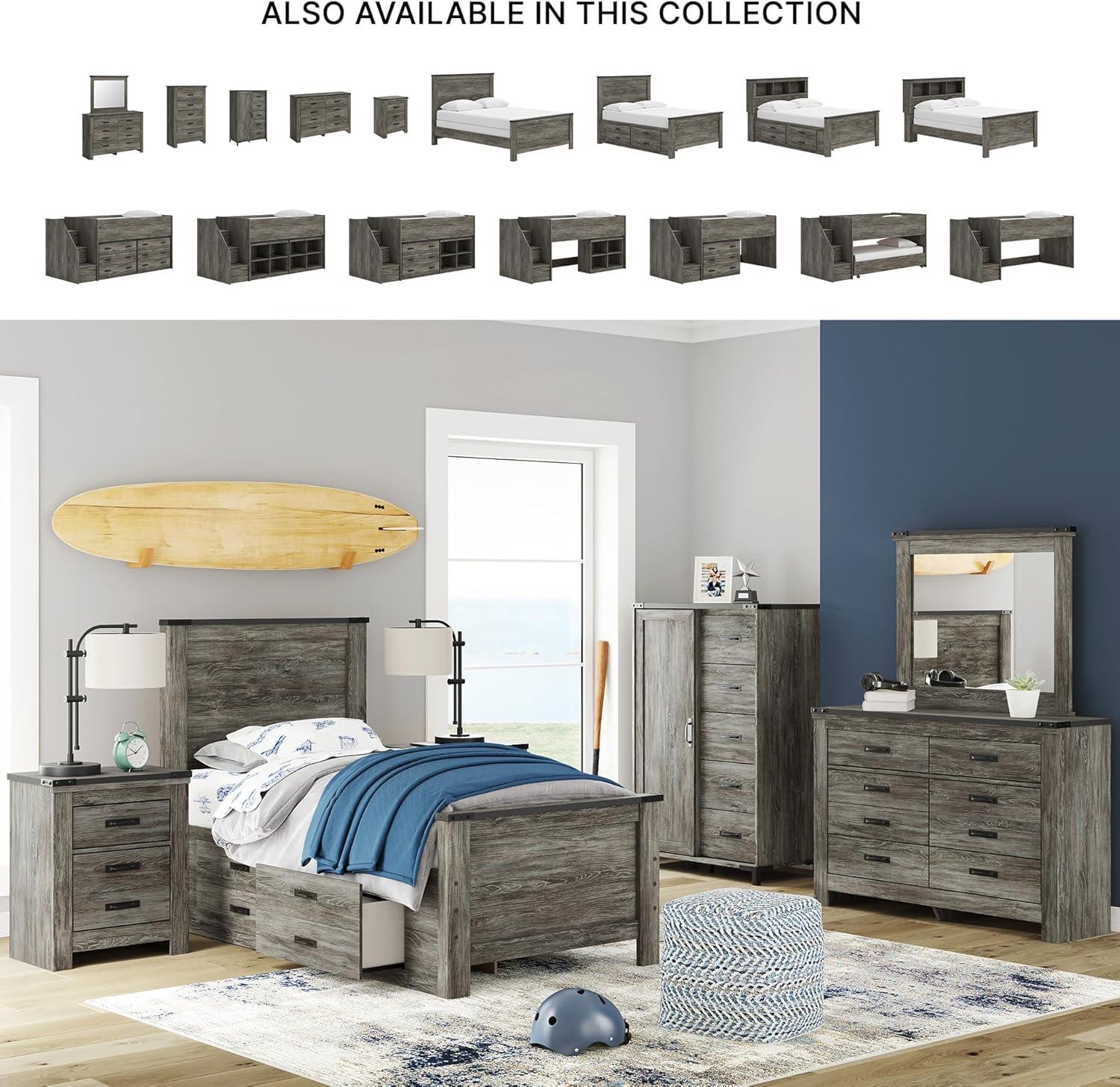 imageSignature Design by Ashley Frandern Twin Platform Bed with Storage 2Drawer Platform Bed No Box Spring or Foundation Needed Rustic Warm Gray Oak Look for Small Bedrooms