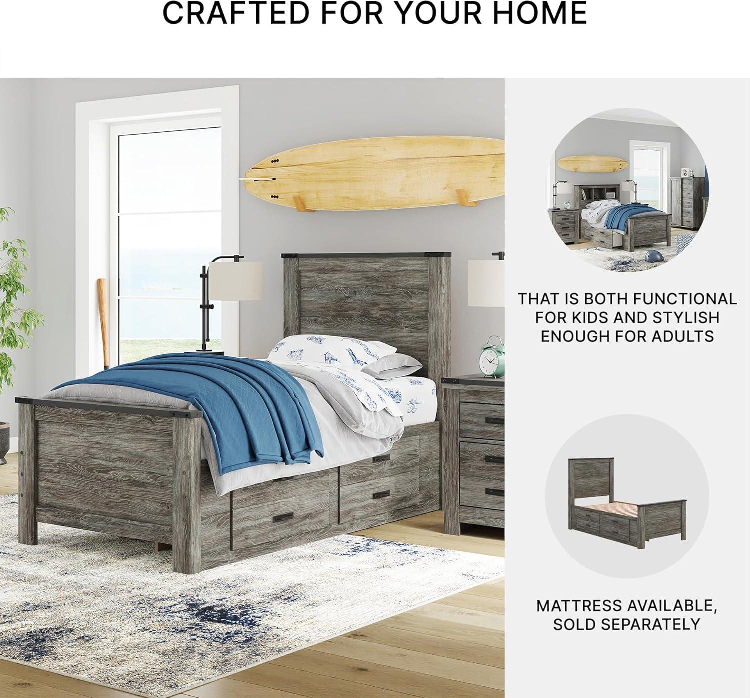 imageSignature Design by Ashley Frandern Twin Platform Bed with Storage 2Drawer Platform Bed No Box Spring or Foundation Needed Rustic Warm Gray Oak Look for Small Bedrooms