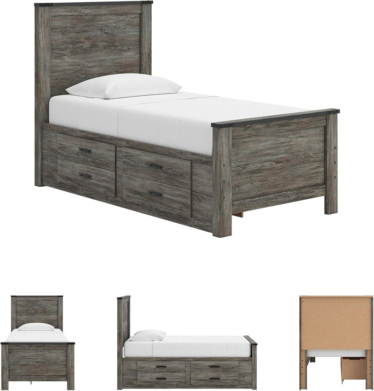 imageSignature Design by Ashley Frandern Twin Platform Bed with Storage 2Drawer Platform Bed No Box Spring or Foundation Needed Rustic Warm Gray Oak Look for Small Bedrooms