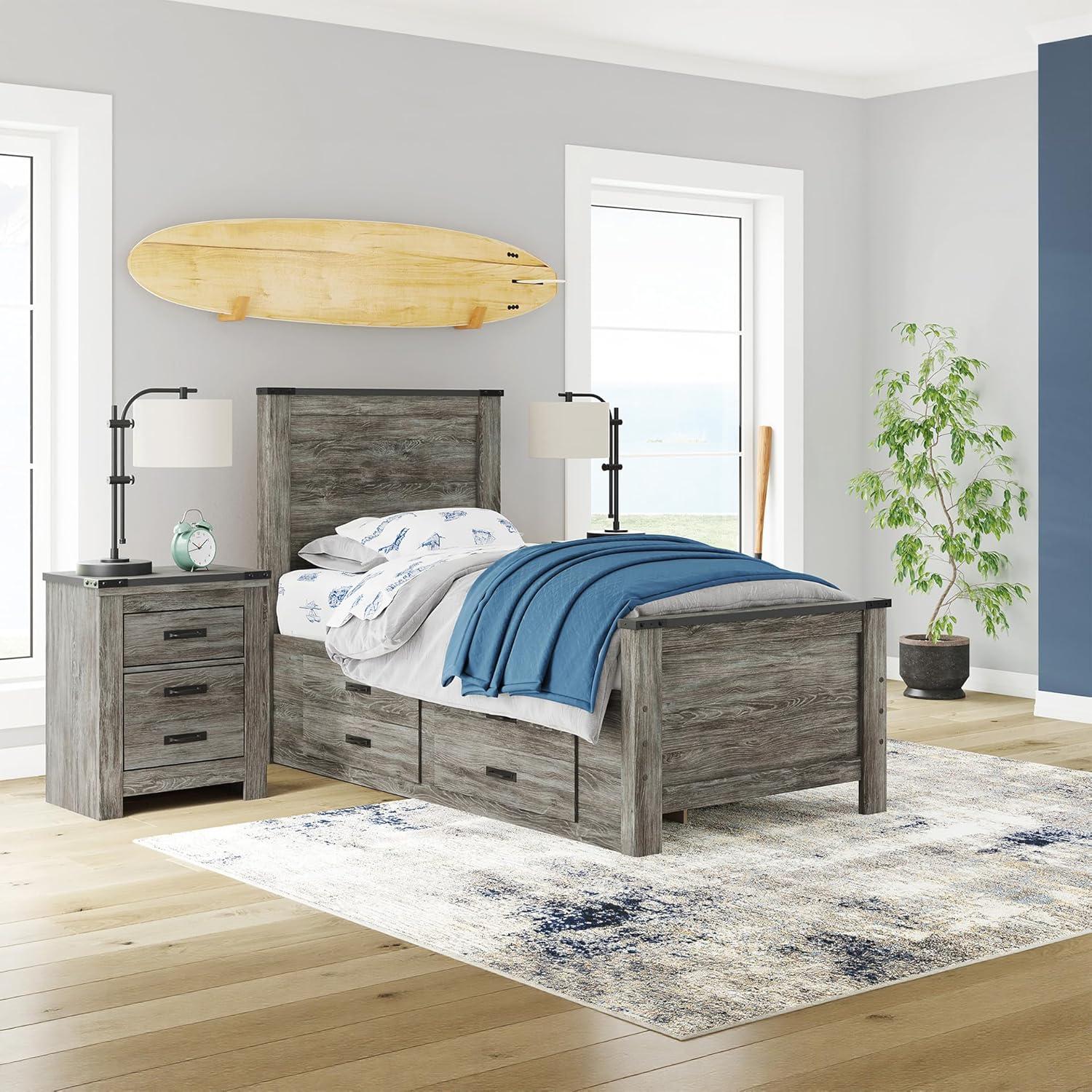 imageSignature Design by Ashley Frandern Twin Platform Bed with Storage 2Drawer Platform Bed No Box Spring or Foundation Needed Rustic Warm Gray Oak Look for Small Bedrooms