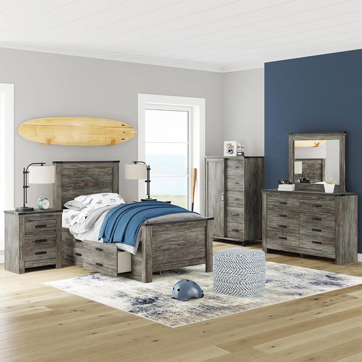 imageSignature Design by Ashley Frandern Twin Platform Bed with Storage 2Drawer Platform Bed No Box Spring or Foundation Needed Rustic Warm Gray Oak Look for Small Bedrooms