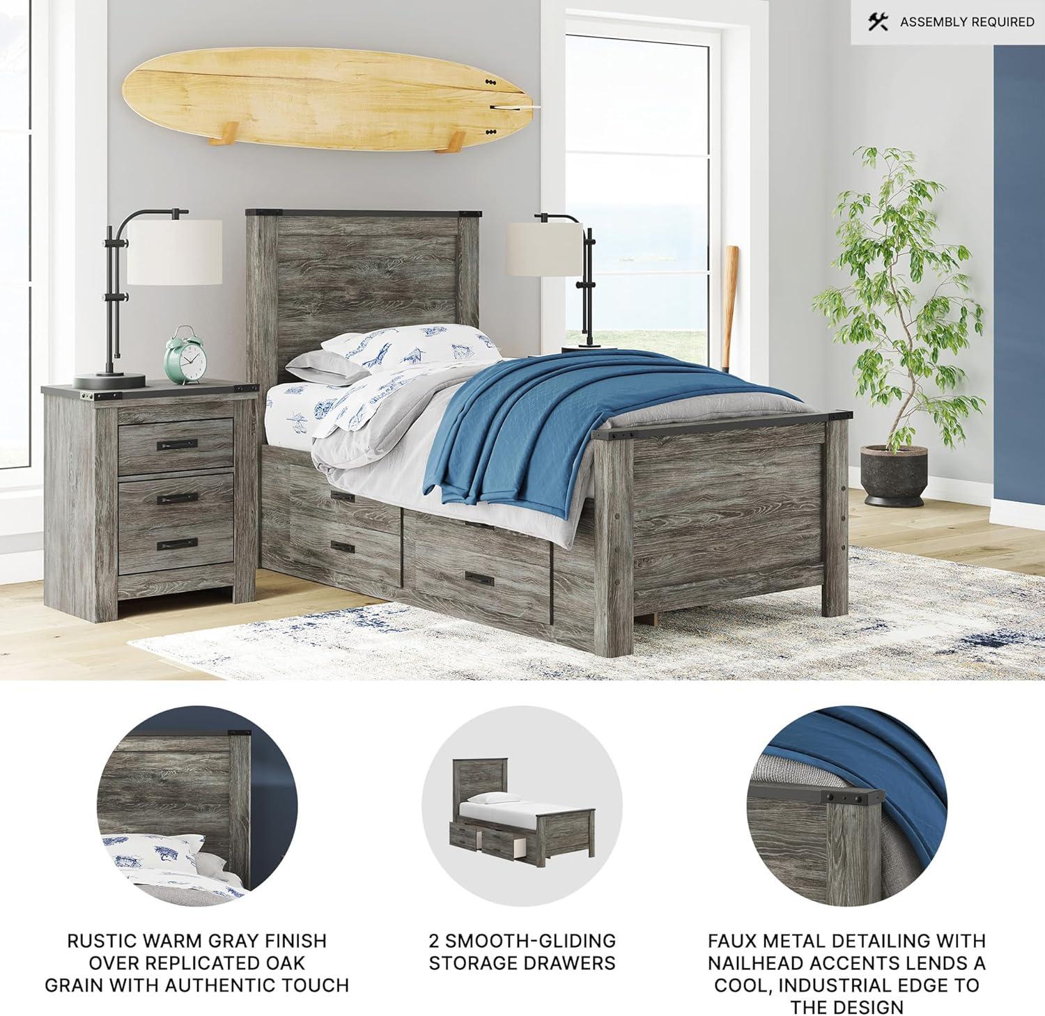 imageSignature Design by Ashley Frandern Twin Platform Bed with Storage 2Drawer Platform Bed No Box Spring or Foundation Needed Rustic Warm Gray Oak Look for Small Bedrooms