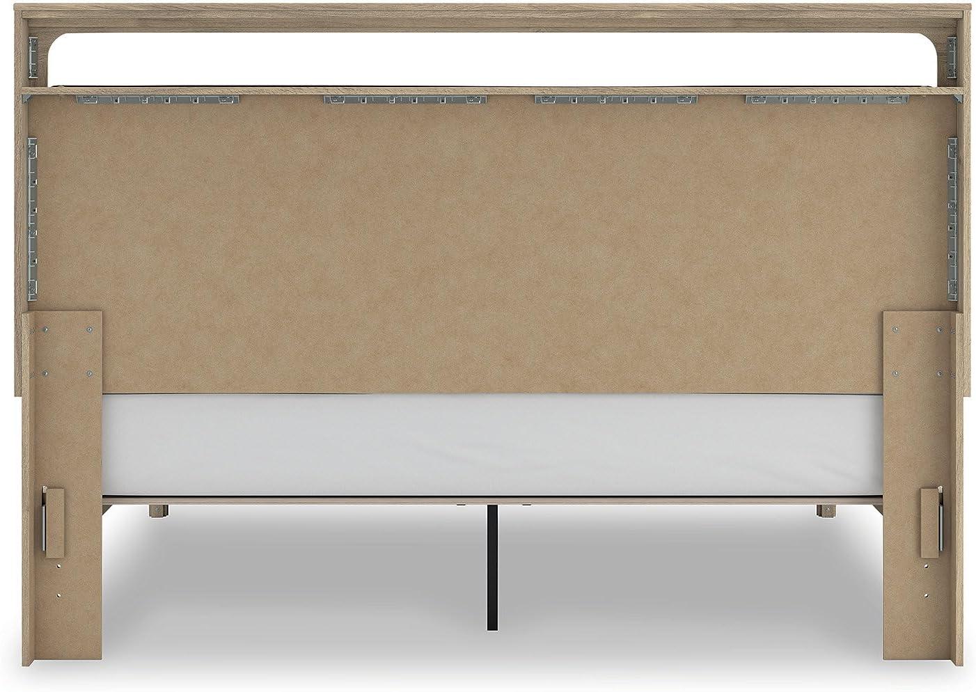 imageSignature Design by Ashley Hollymount King Platform Bed Frame with Upholstered Headboard Touch LED Lighting with 3 Brightness Levels Warm Oak Finish Bedroom Furniture