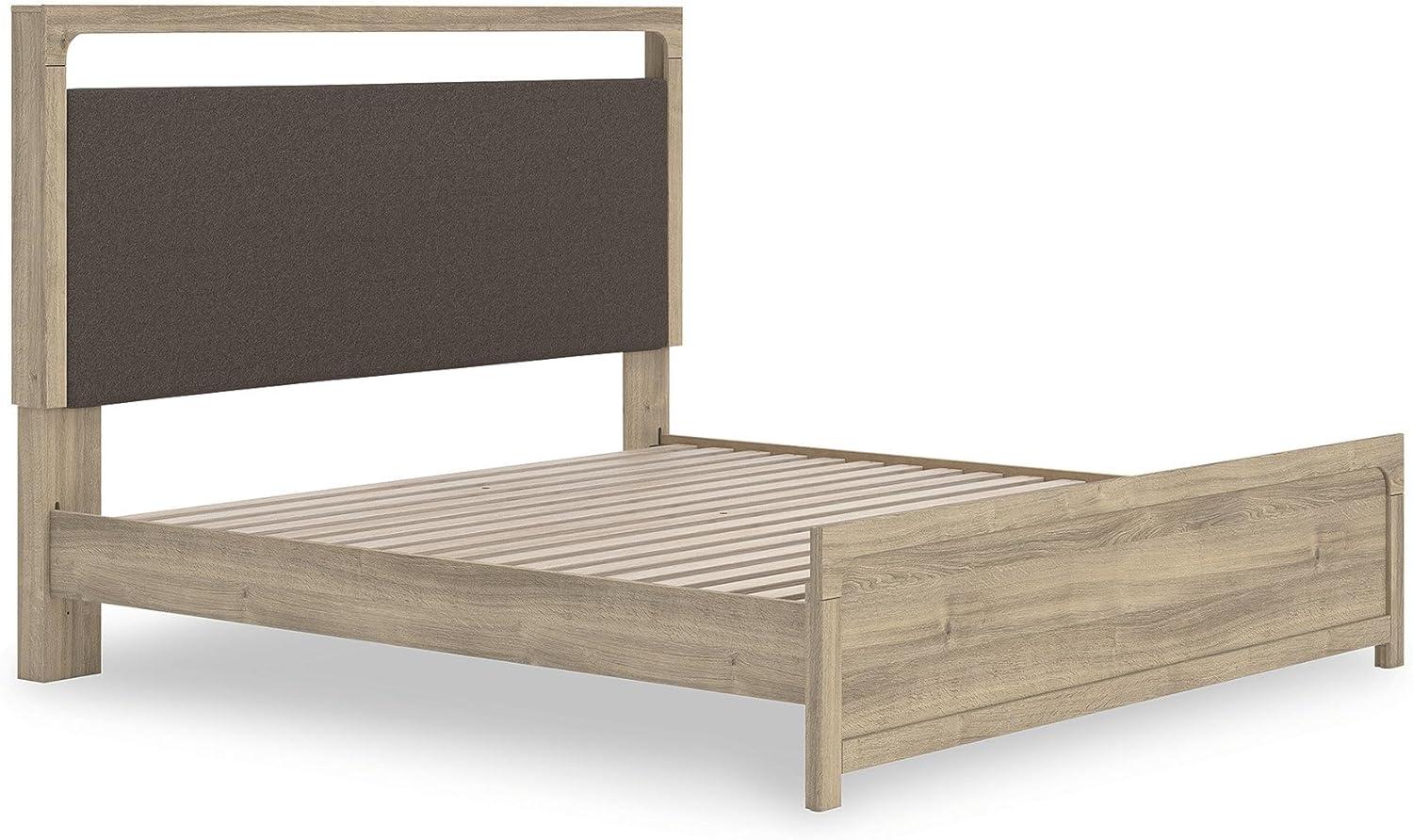 imageSignature Design by Ashley Hollymount King Platform Bed Frame with Upholstered Headboard Touch LED Lighting with 3 Brightness Levels Warm Oak Finish Bedroom Furniture