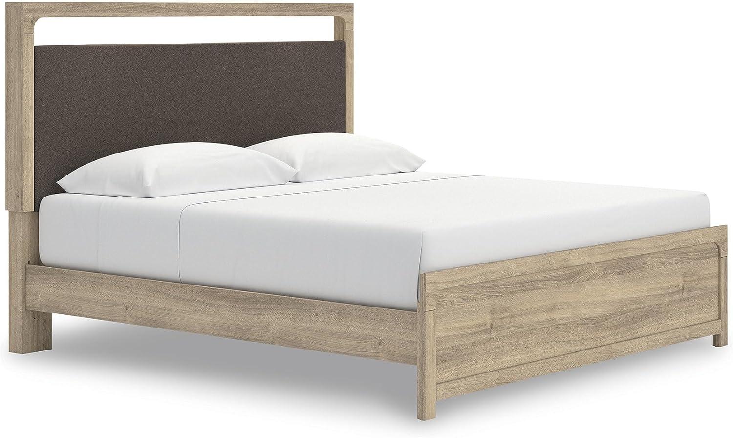 imageSignature Design by Ashley Hollymount King Platform Bed Frame with Upholstered Headboard Touch LED Lighting with 3 Brightness Levels Warm Oak Finish Bedroom Furniture