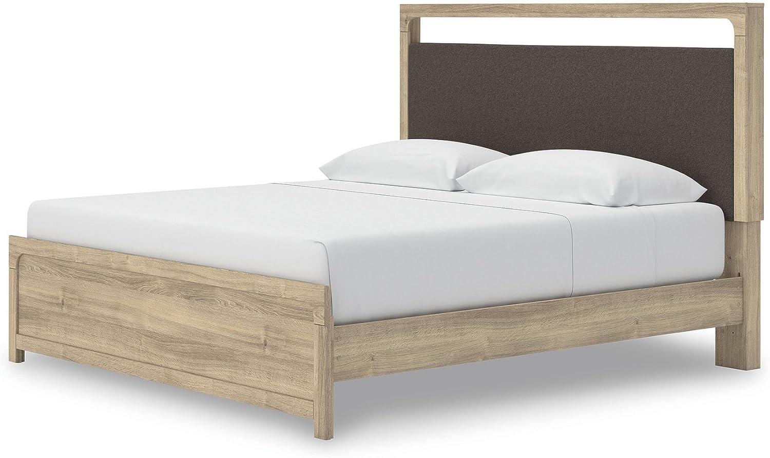 imageSignature Design by Ashley Hollymount King Platform Bed Frame with Upholstered Headboard Touch LED Lighting with 3 Brightness Levels Warm Oak Finish Bedroom Furniture