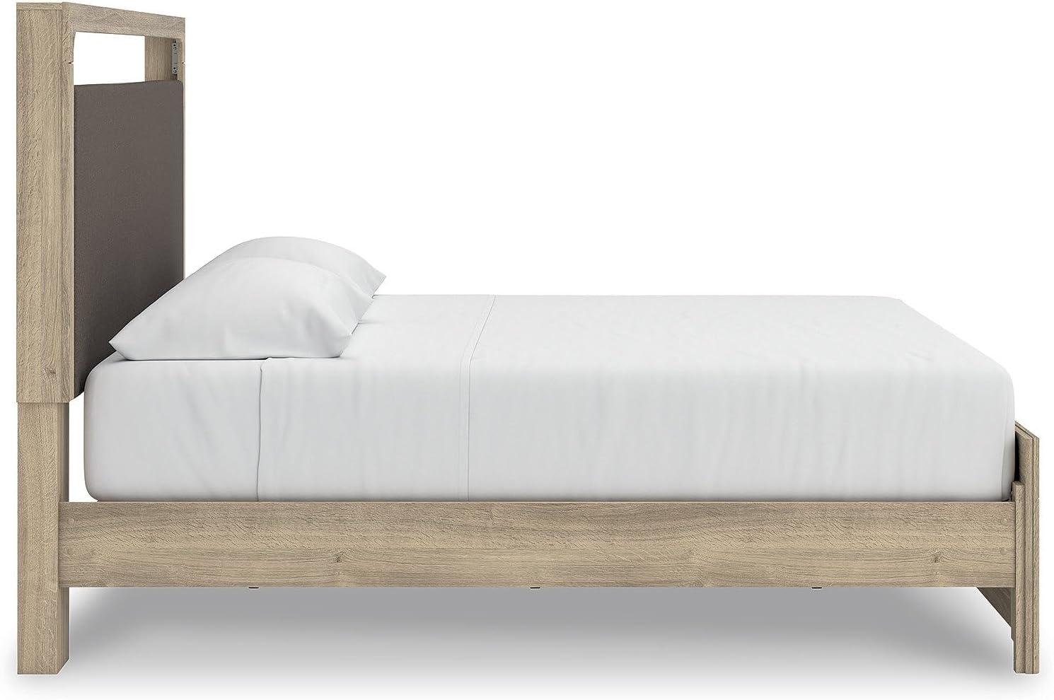imageSignature Design by Ashley Hollymount King Platform Bed Frame with Upholstered Headboard Touch LED Lighting with 3 Brightness Levels Warm Oak Finish Bedroom Furniture