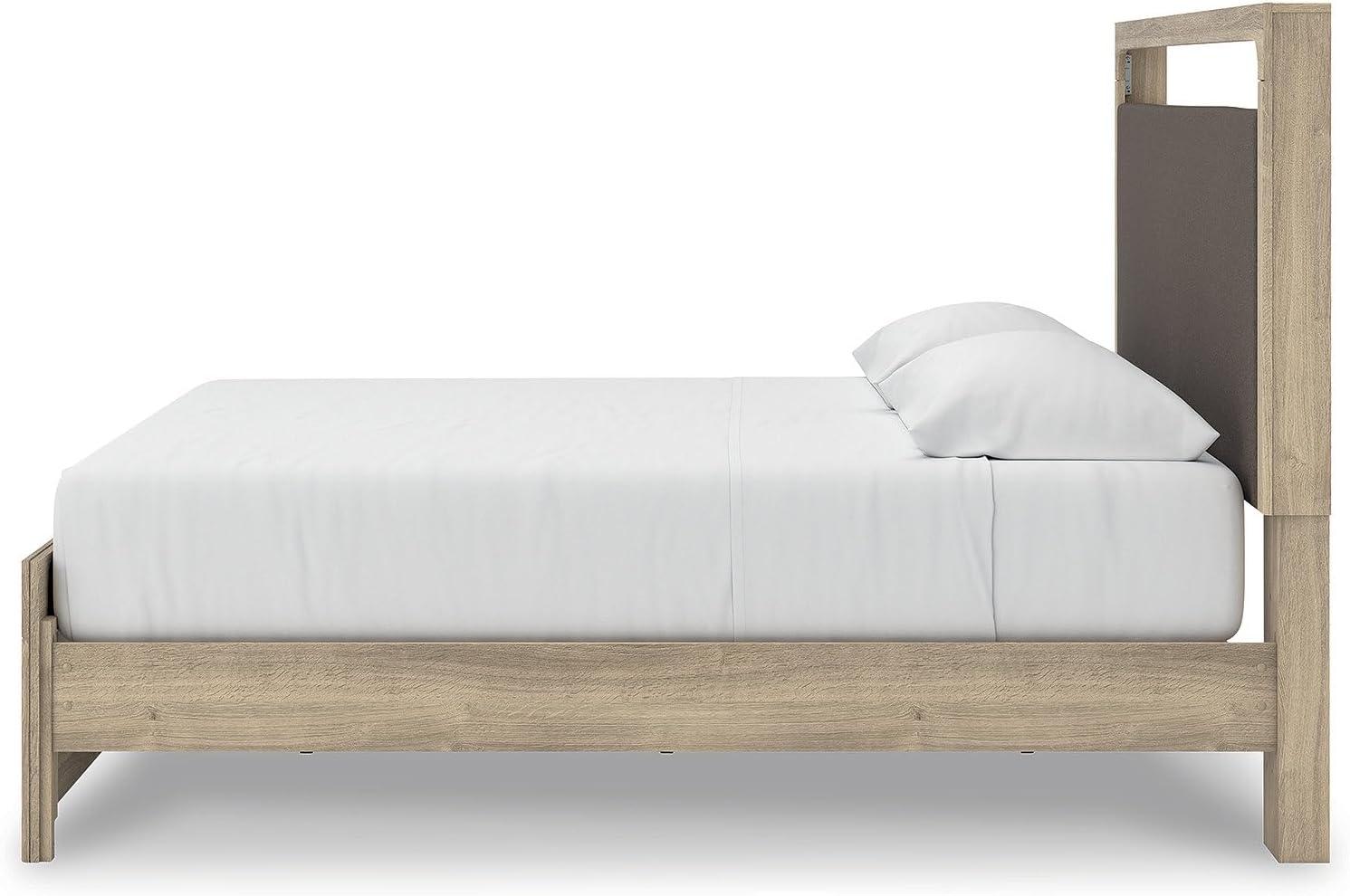 imageSignature Design by Ashley Hollymount King Platform Bed Frame with Upholstered Headboard Touch LED Lighting with 3 Brightness Levels Warm Oak Finish Bedroom Furniture