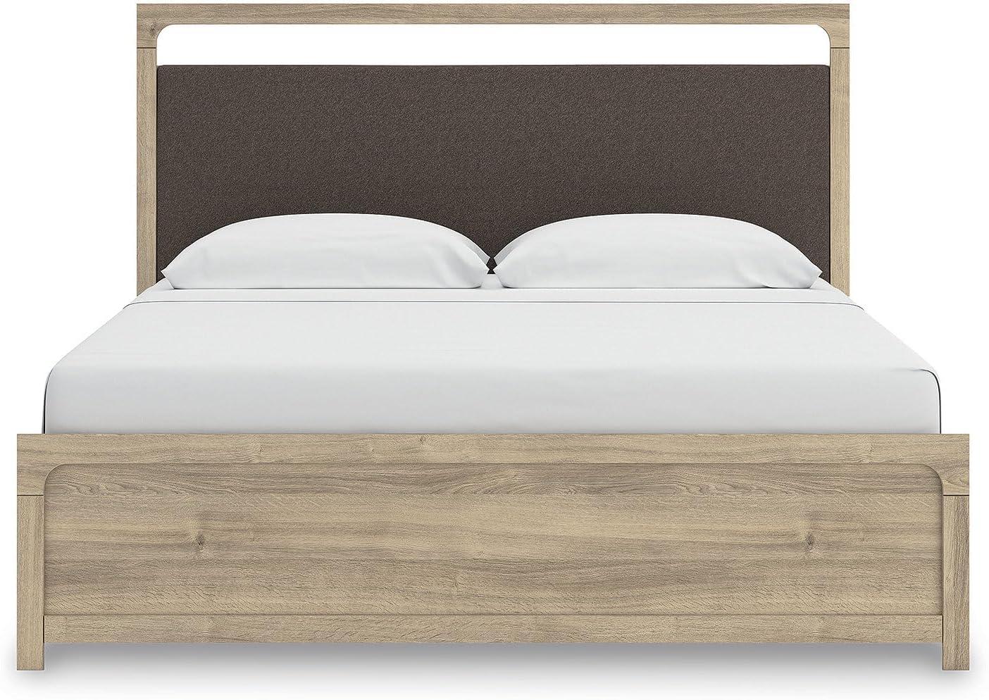 imageSignature Design by Ashley Hollymount King Platform Bed Frame with Upholstered Headboard Touch LED Lighting with 3 Brightness Levels Warm Oak Finish Bedroom Furniture