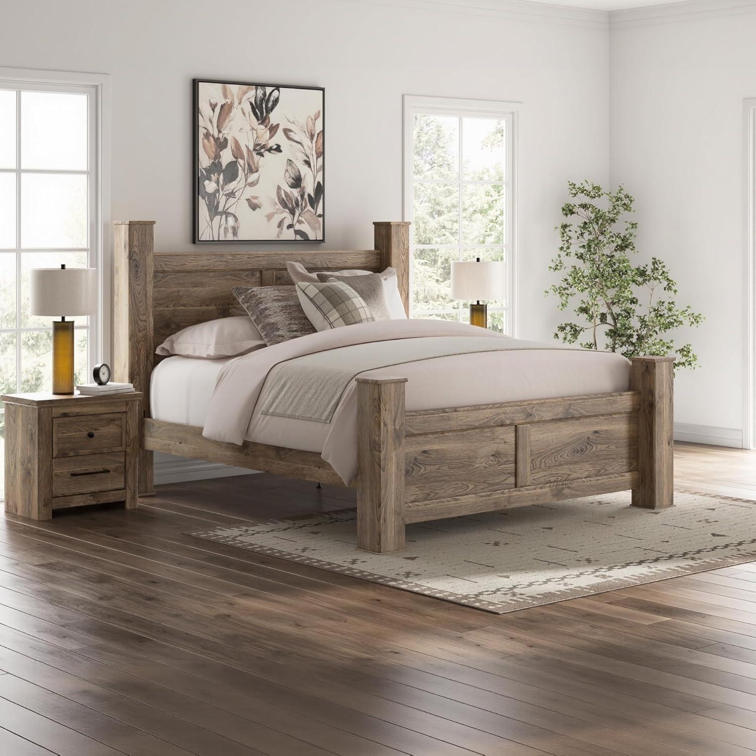imageSignature Design by Ashley Keithland King Size Bed Frame with Poster Headboard Traditional Bedframe in Wood with Hickory Grain Look Bedroom Furniture Deep Brown