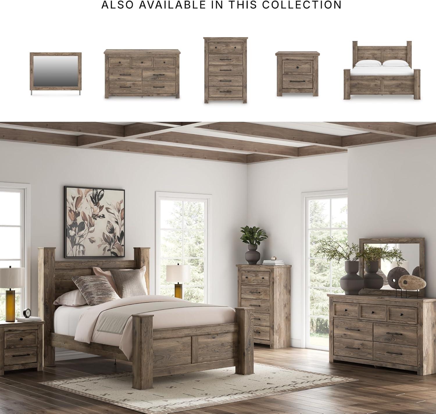 imageSignature Design by Ashley Keithland King Size Bed Frame with Poster Headboard Traditional Bedframe in Wood with Hickory Grain Look Bedroom Furniture Deep Brown