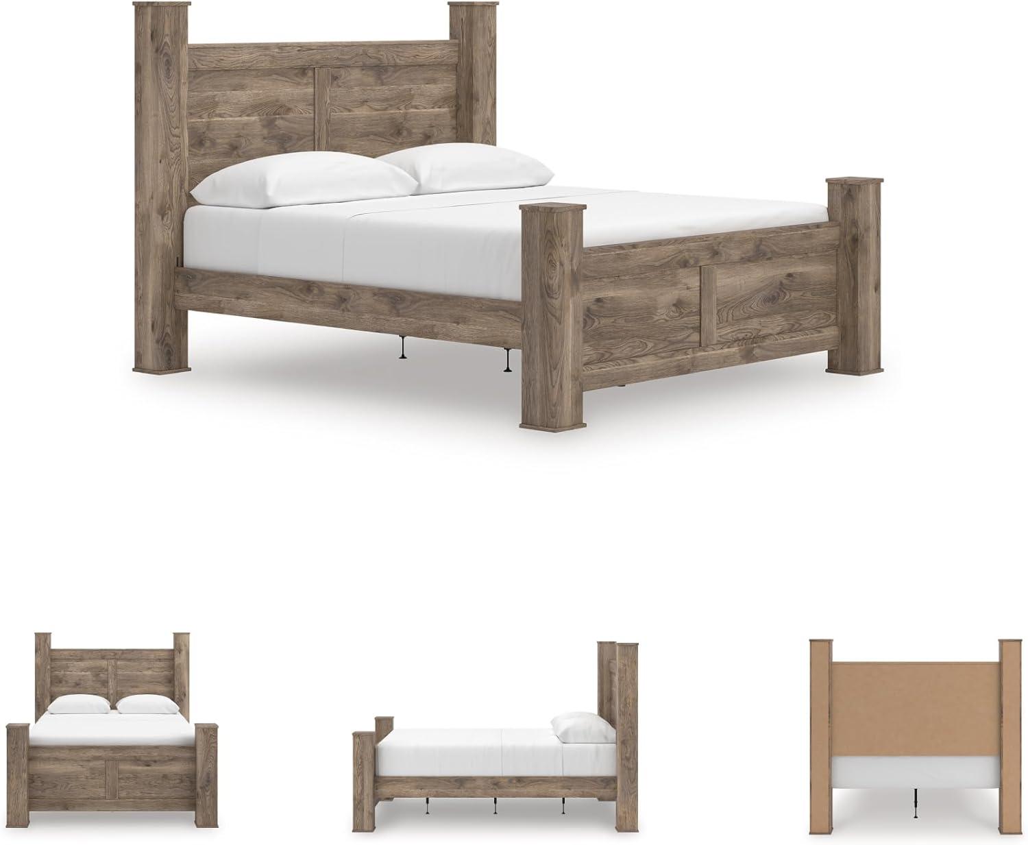 imageSignature Design by Ashley Keithland King Size Bed Frame with Poster Headboard Traditional Bedframe in Wood with Hickory Grain Look Bedroom Furniture Deep Brown