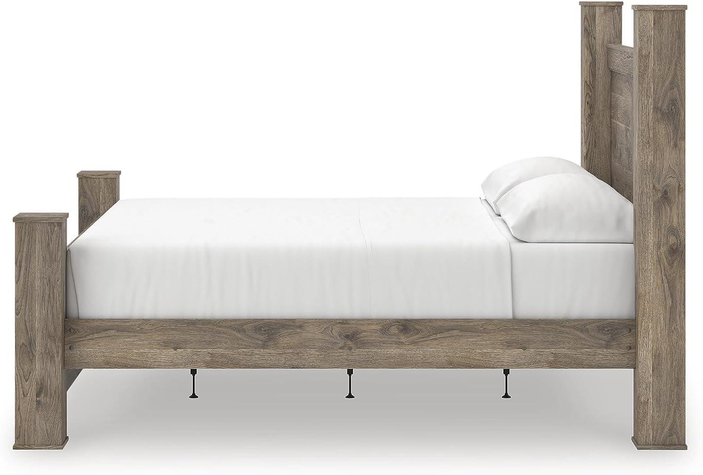 imageSignature Design by Ashley Keithland King Size Bed Frame with Poster Headboard Traditional Bedframe in Wood with Hickory Grain Look Bedroom Furniture Deep Brown