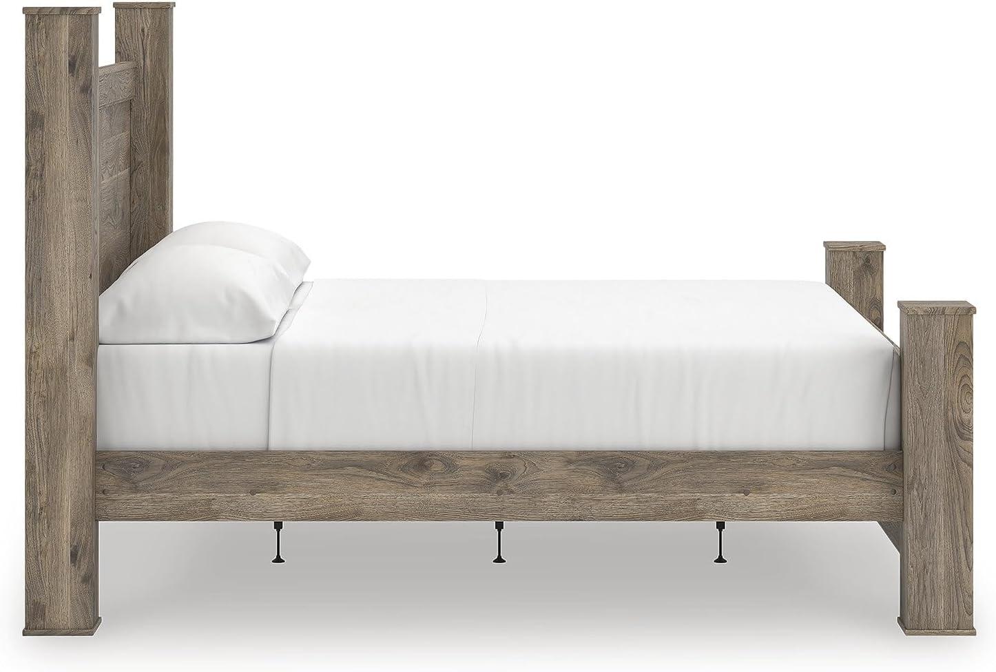 imageSignature Design by Ashley Keithland King Size Bed Frame with Poster Headboard Traditional Bedframe in Wood with Hickory Grain Look Bedroom Furniture Deep Brown