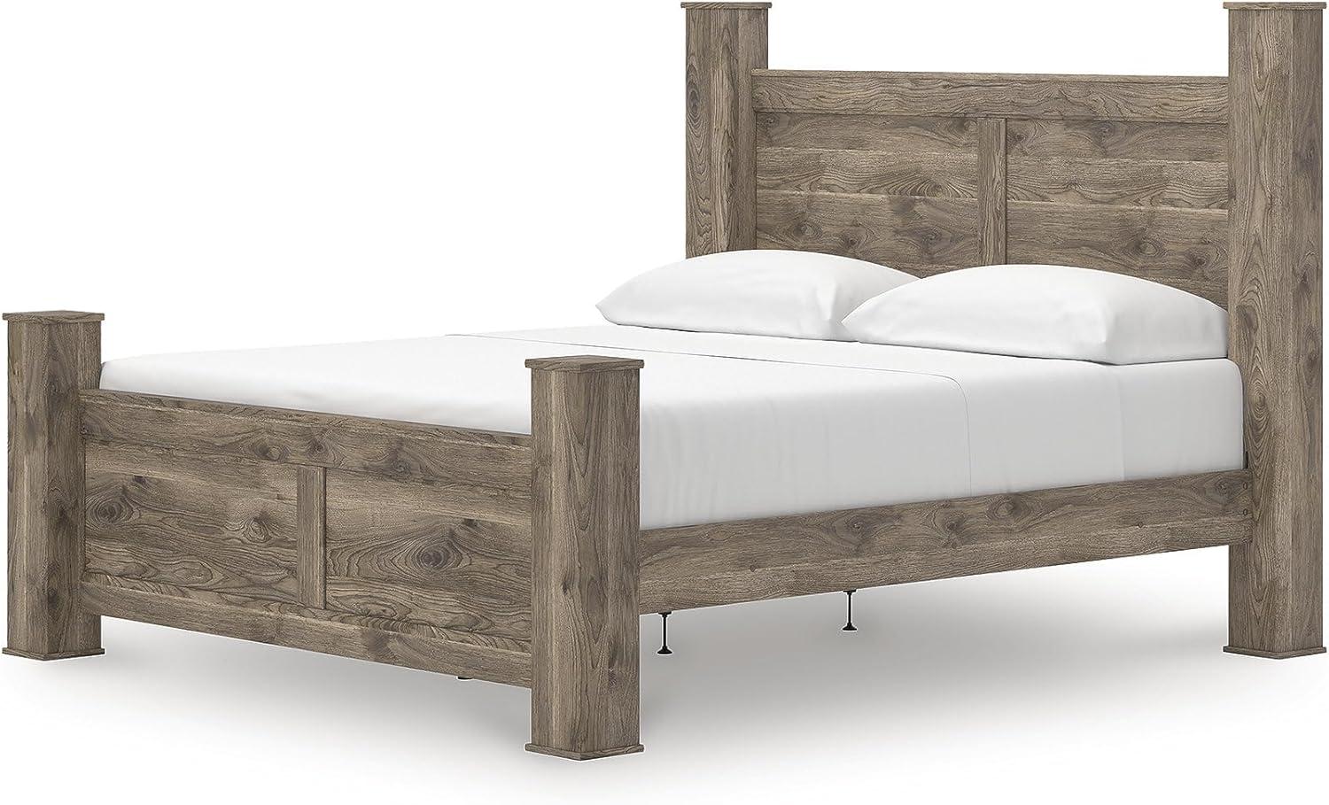 imageSignature Design by Ashley Keithland King Size Bed Frame with Poster Headboard Traditional Bedframe in Wood with Hickory Grain Look Bedroom Furniture Deep Brown