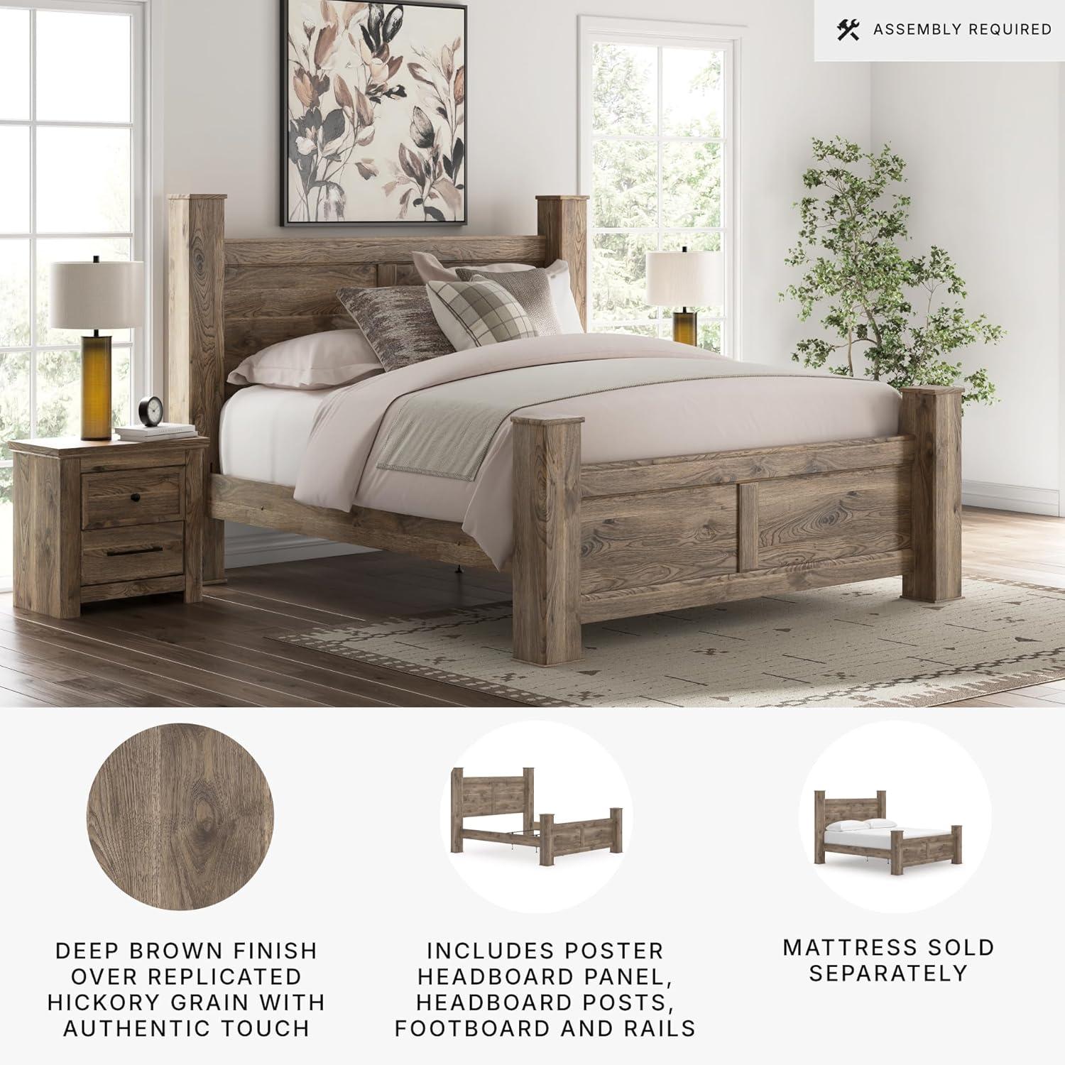 imageSignature Design by Ashley Keithland King Size Bed Frame with Poster Headboard Traditional Bedframe in Wood with Hickory Grain Look Bedroom Furniture Deep Brown