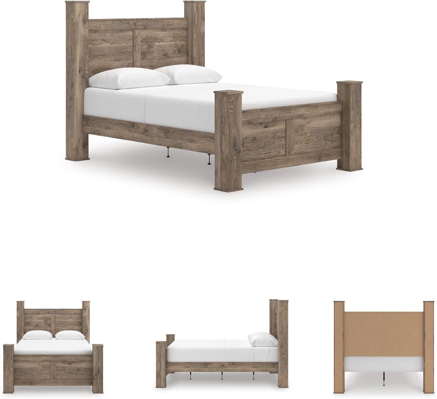 imageSignature Design by Ashley Keithland Queen Size Bed Frame with Poster Headboard Traditional Bedframe in Wood with Hickory Grain Look Bedroom Furniture Deep Brown