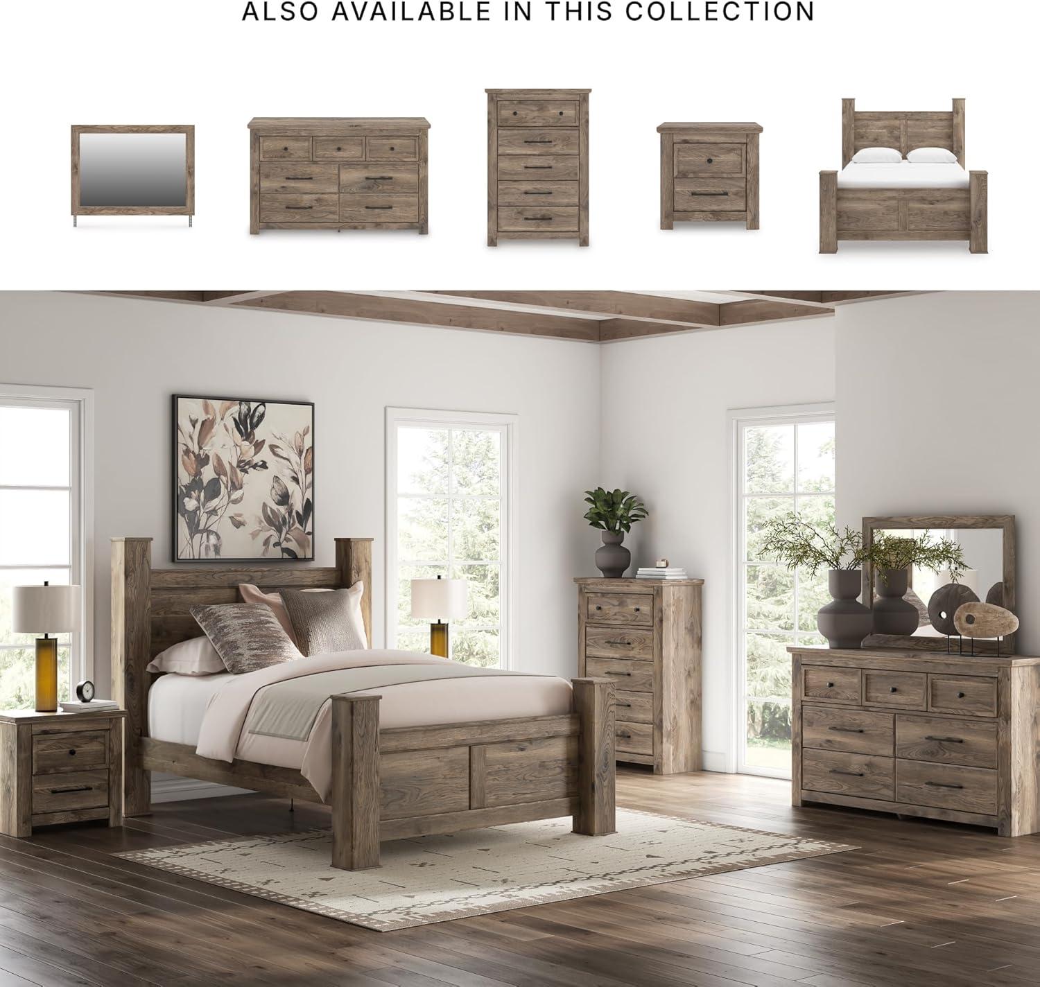 imageSignature Design by Ashley Keithland Queen Size Bed Frame with Poster Headboard Traditional Bedframe in Wood with Hickory Grain Look Bedroom Furniture Deep Brown