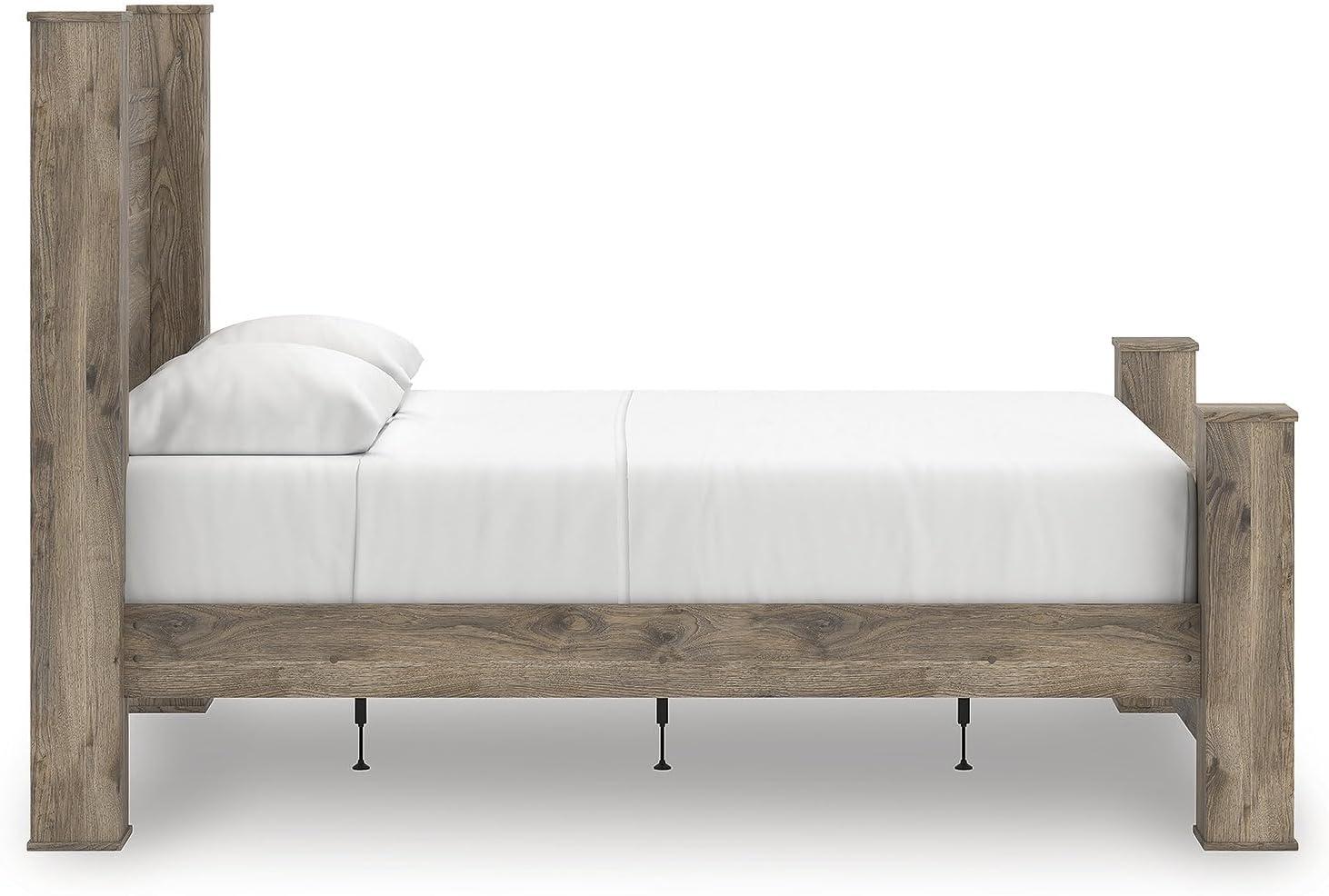 imageSignature Design by Ashley Keithland Queen Size Bed Frame with Poster Headboard Traditional Bedframe in Wood with Hickory Grain Look Bedroom Furniture Deep Brown