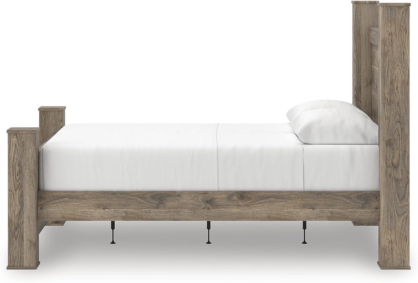 imageSignature Design by Ashley Keithland Queen Size Bed Frame with Poster Headboard Traditional Bedframe in Wood with Hickory Grain Look Bedroom Furniture Deep Brown