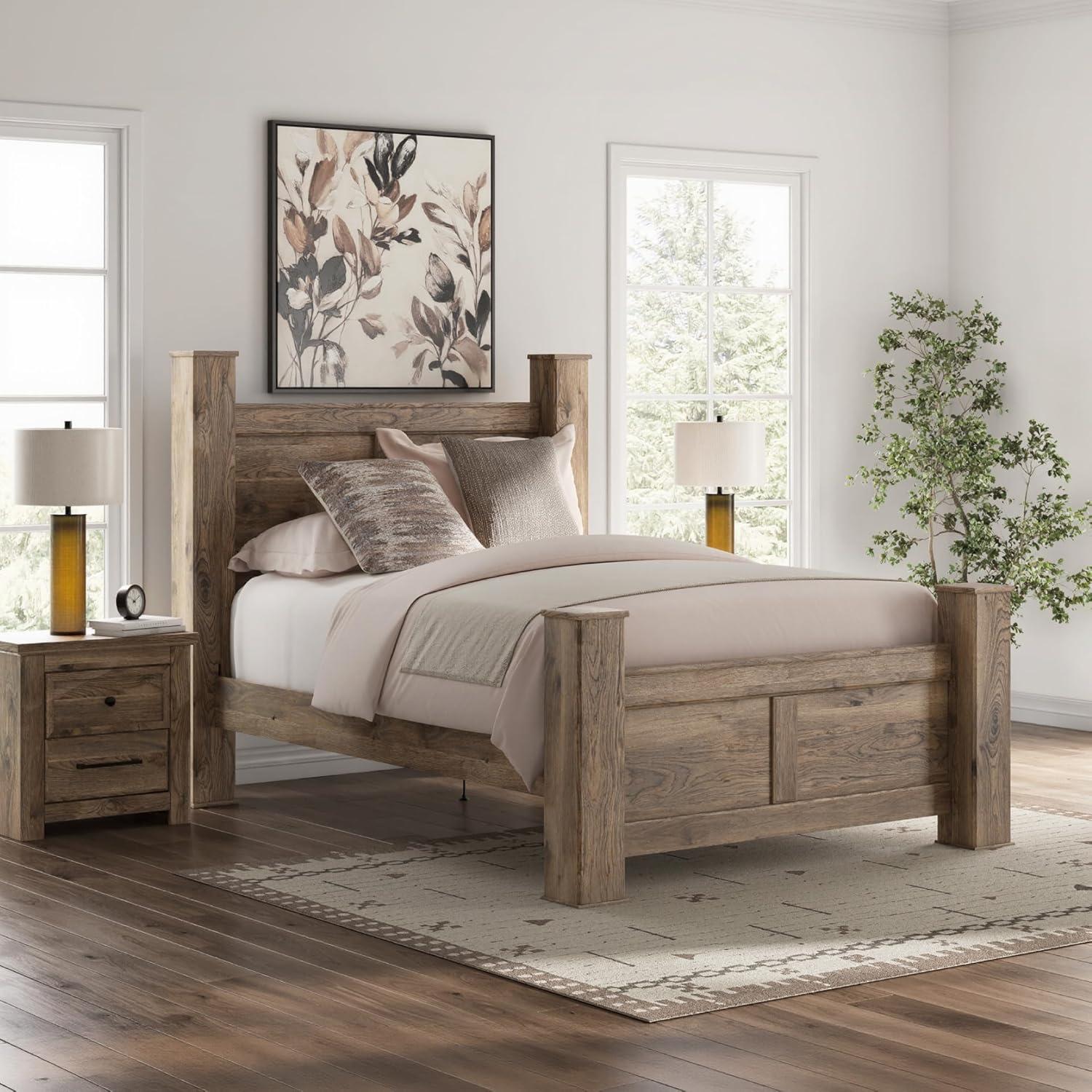 imageSignature Design by Ashley Keithland Queen Size Bed Frame with Poster Headboard Traditional Bedframe in Wood with Hickory Grain Look Bedroom Furniture Deep Brown