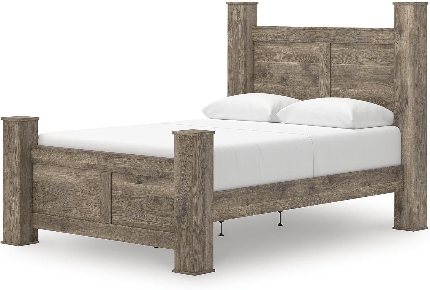 imageSignature Design by Ashley Keithland Queen Size Bed Frame with Poster Headboard Traditional Bedframe in Wood with Hickory Grain Look Bedroom Furniture Deep Brown