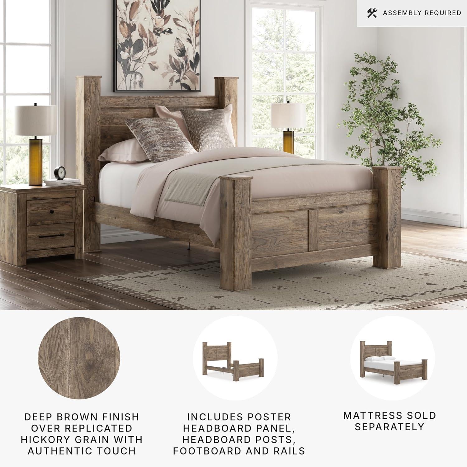 imageSignature Design by Ashley Keithland Queen Size Bed Frame with Poster Headboard Traditional Bedframe in Wood with Hickory Grain Look Bedroom Furniture Deep Brown