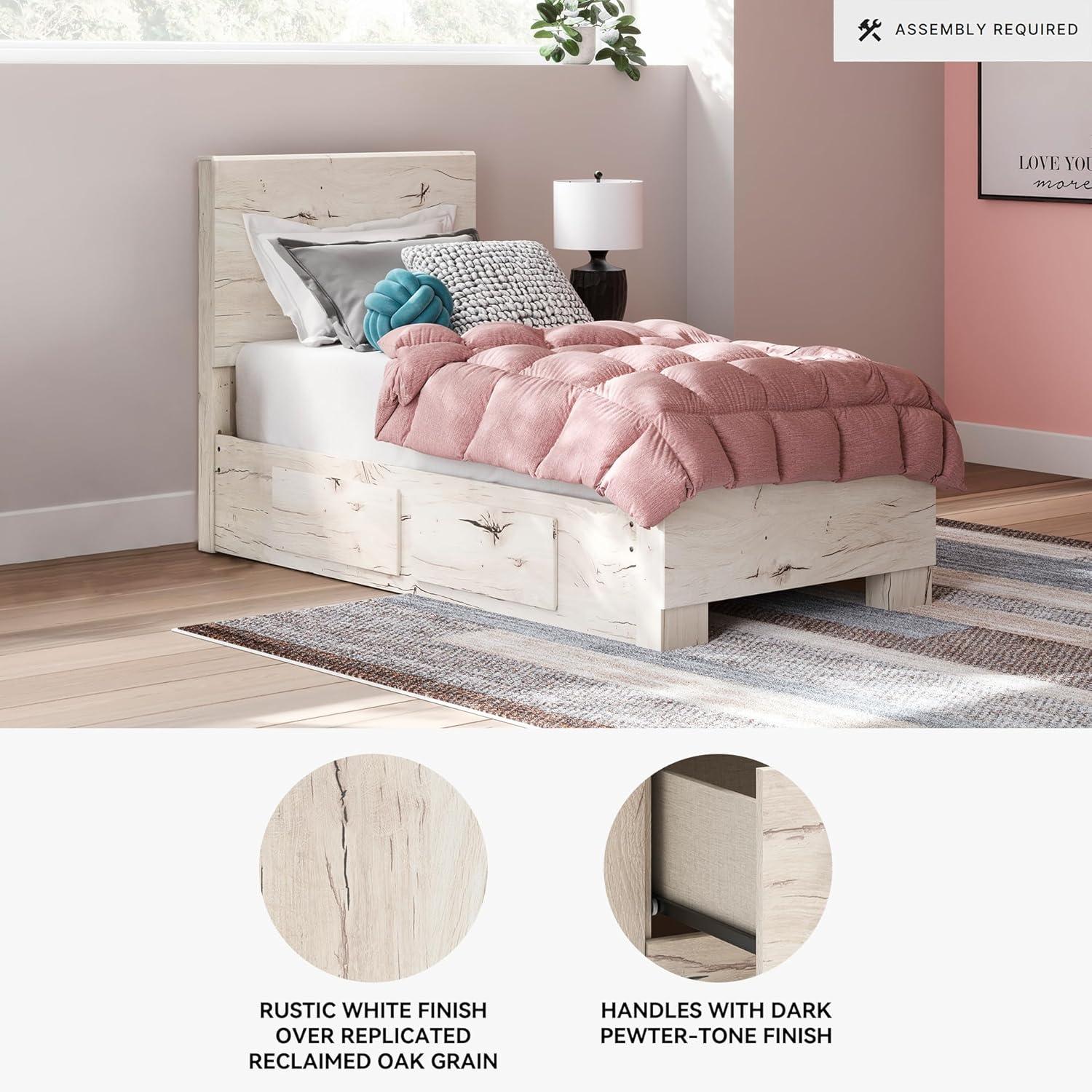 imageSignature Design by Ashley Lawroy King Platform Bed Frame with Four Storage Drawers Panel Headboard and Footboard Reclaimed Oak Look Farmhouse Bedroom Furniture Rustic WhiteTwin