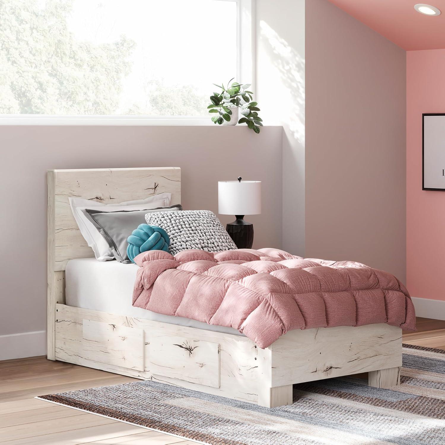 imageSignature Design by Ashley Lawroy King Platform Bed Frame with Four Storage Drawers Panel Headboard and Footboard Reclaimed Oak Look Farmhouse Bedroom Furniture Rustic WhiteTwin