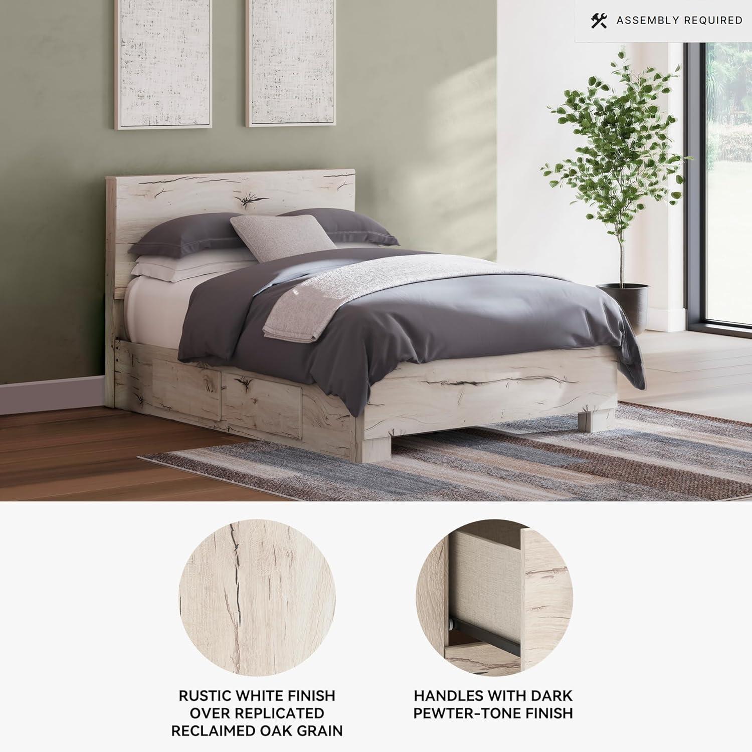 imageSignature Design by Ashley Lawroy King Platform Bed Frame with Four Storage Drawers Panel Headboard and Footboard Reclaimed Oak Look Farmhouse Bedroom Furniture Rustic WhiteFull