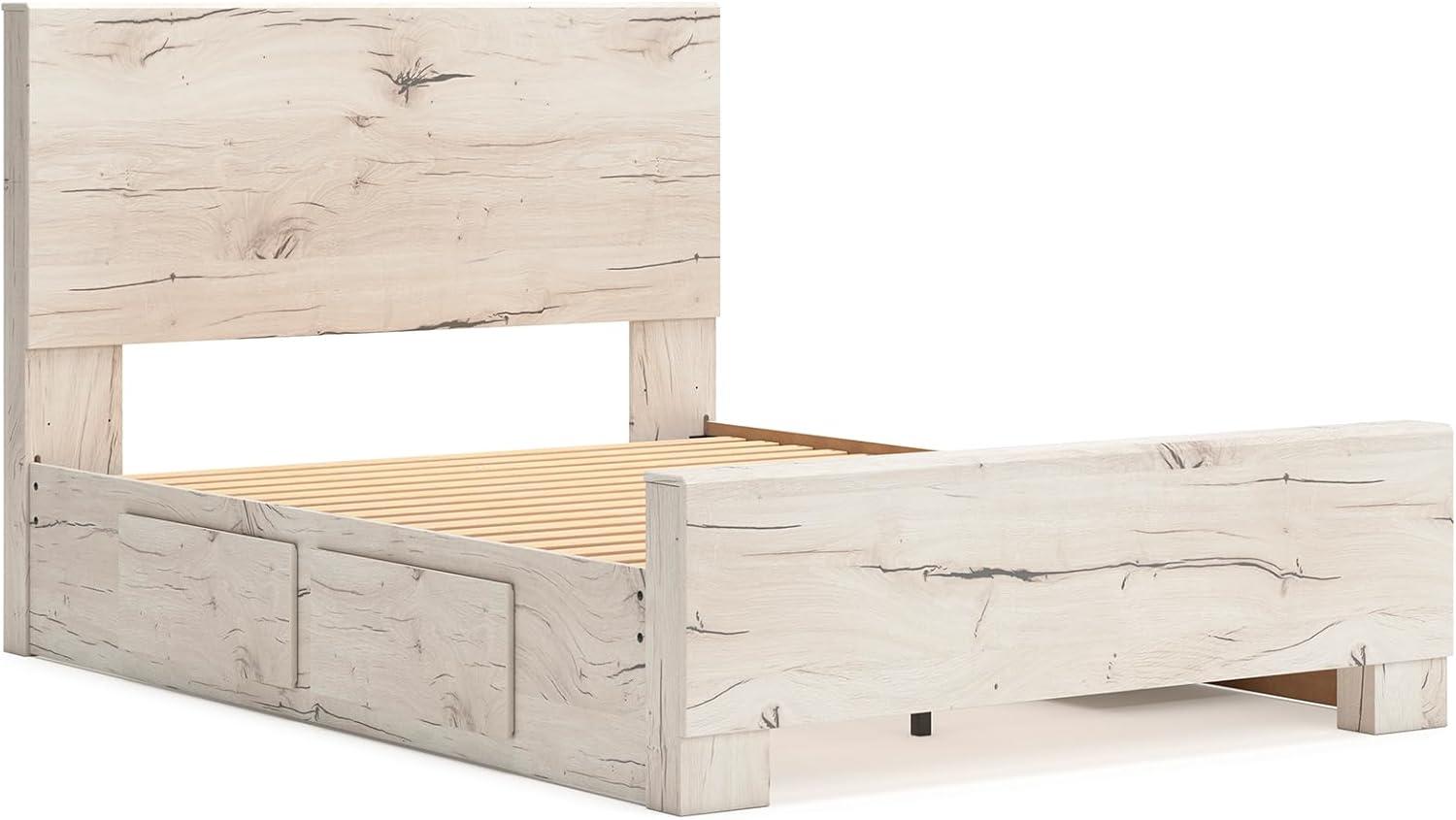 imageSignature Design by Ashley Lawroy King Platform Bed Frame with Four Storage Drawers Panel Headboard and Footboard Reclaimed Oak Look Farmhouse Bedroom Furniture Rustic WhiteFull