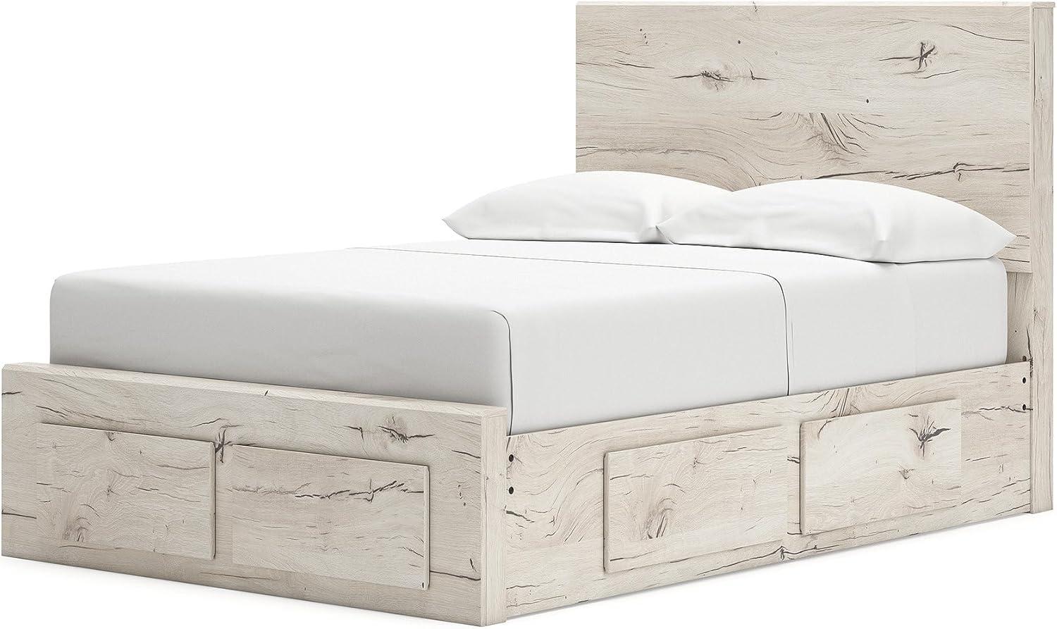 imageSignature Design by Ashley Lawroy King Platform Bed Frame with Four Storage Drawers Panel Headboard and Footboard Reclaimed Oak Look Farmhouse Bedroom Furniture Rustic WhiteFull
