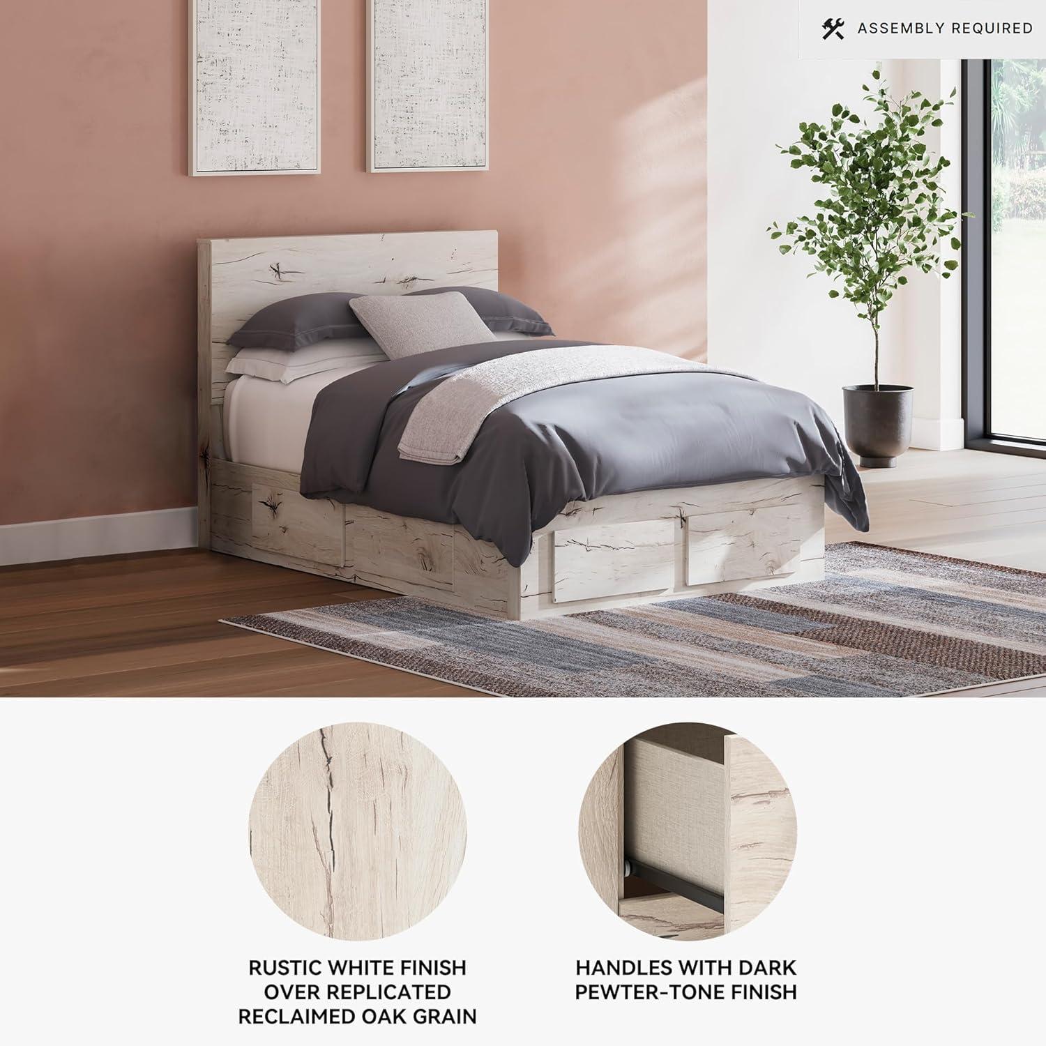 imageSignature Design by Ashley Lawroy King Platform Bed Frame with Four Storage Drawers Panel Headboard and Footboard Reclaimed Oak Look Farmhouse Bedroom Furniture Rustic WhiteFull